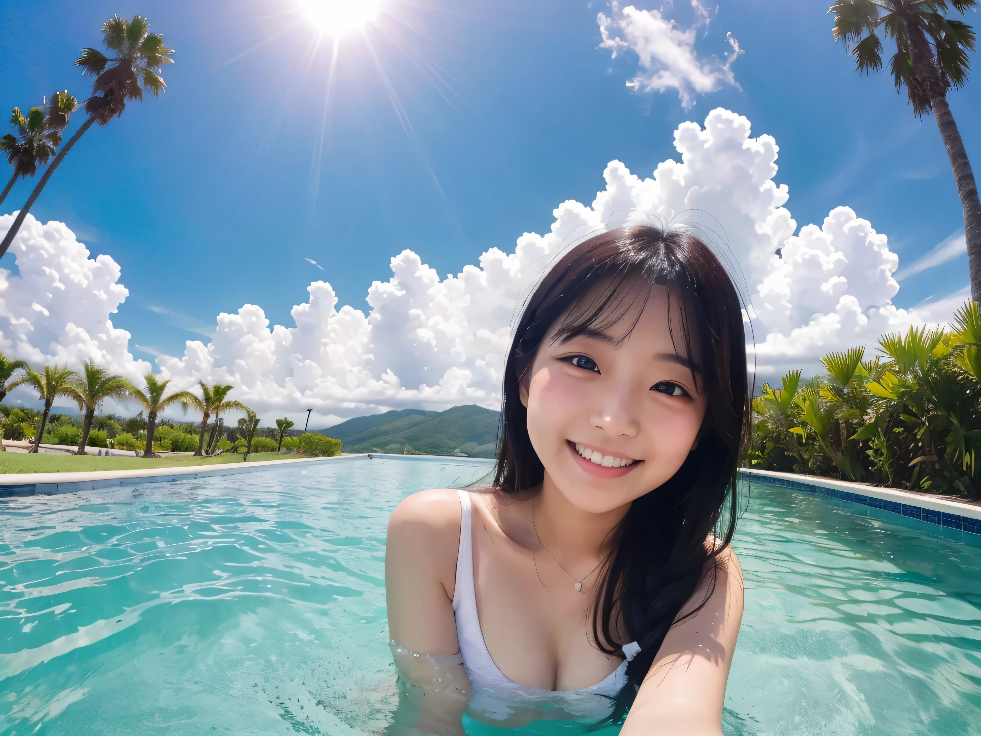 1 girl、25 years old、big breasts、Underboo Boo、Full body Esbian、black haired、resort hotel、Swim in the outdoor pool、splash of water、slight smile、blue sky、Photo taken from below with a fisheye lens、