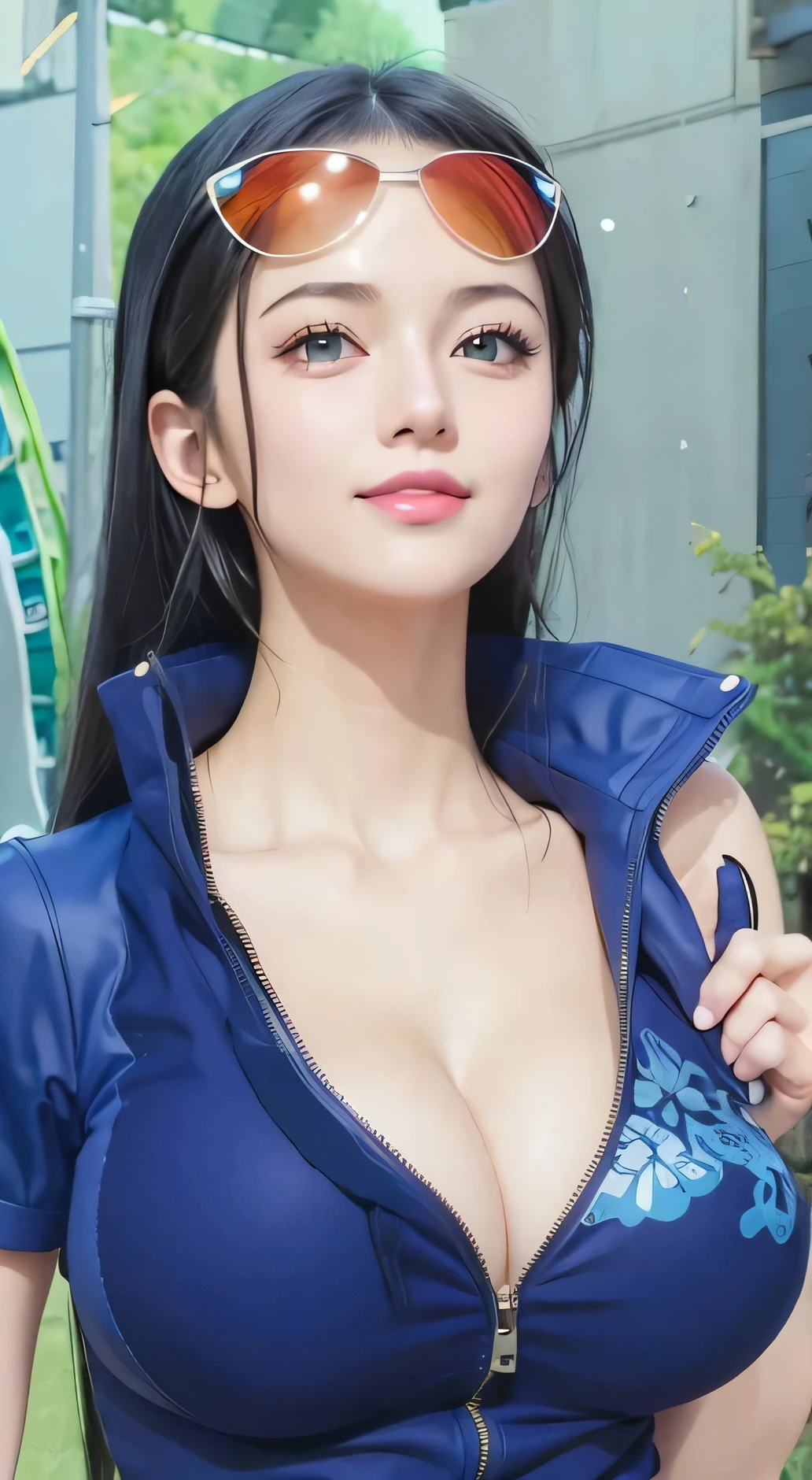 1 girl, anime『one piece』Nico Robin of, long hair , black hair, blue eyes, beautiful, black clothes, smile, big breasts, realistic clothes, Clothes details, urban background, Super detailed, realistic