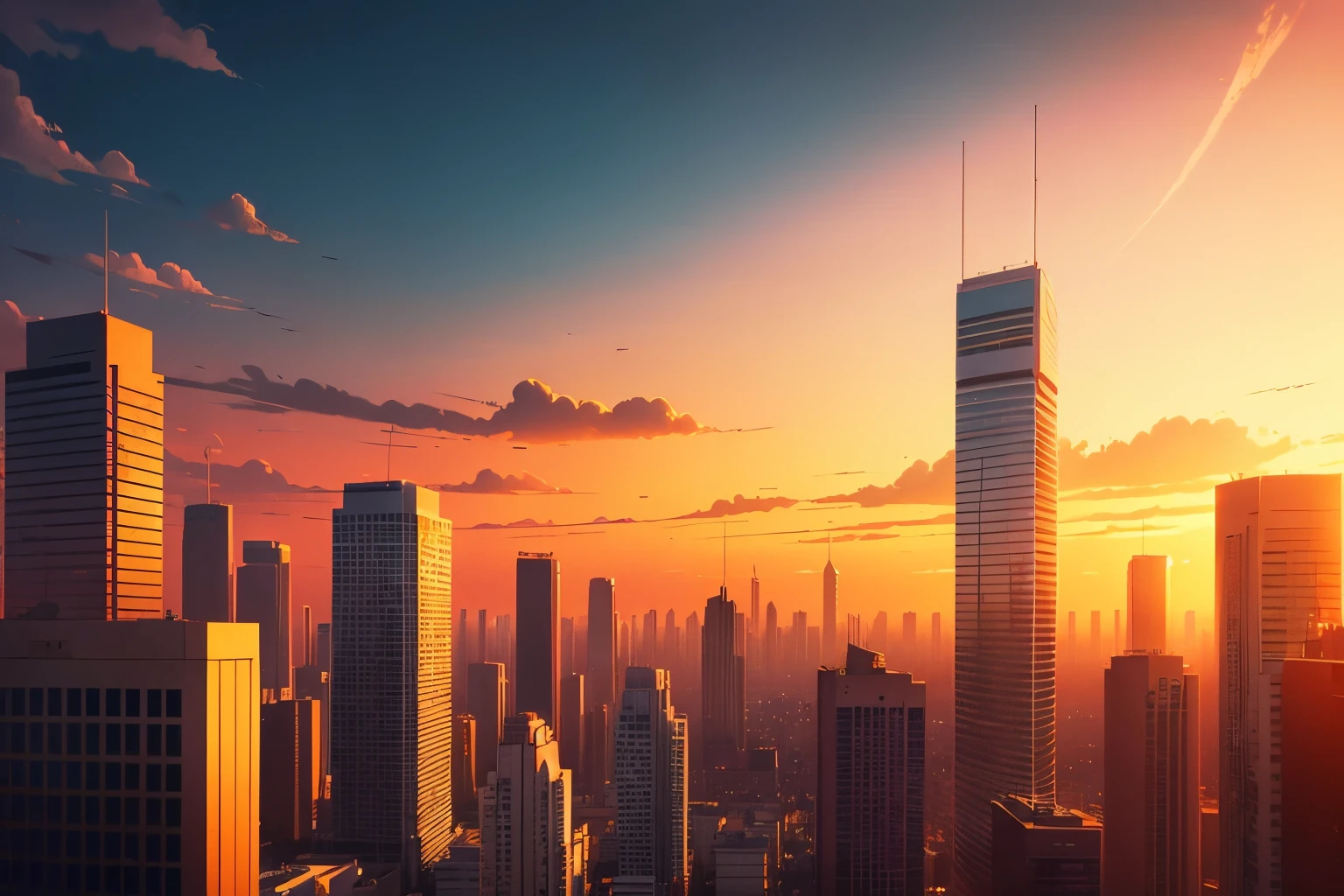 city background, widescreen, anime, building, sunset, orange sky, yellow sky