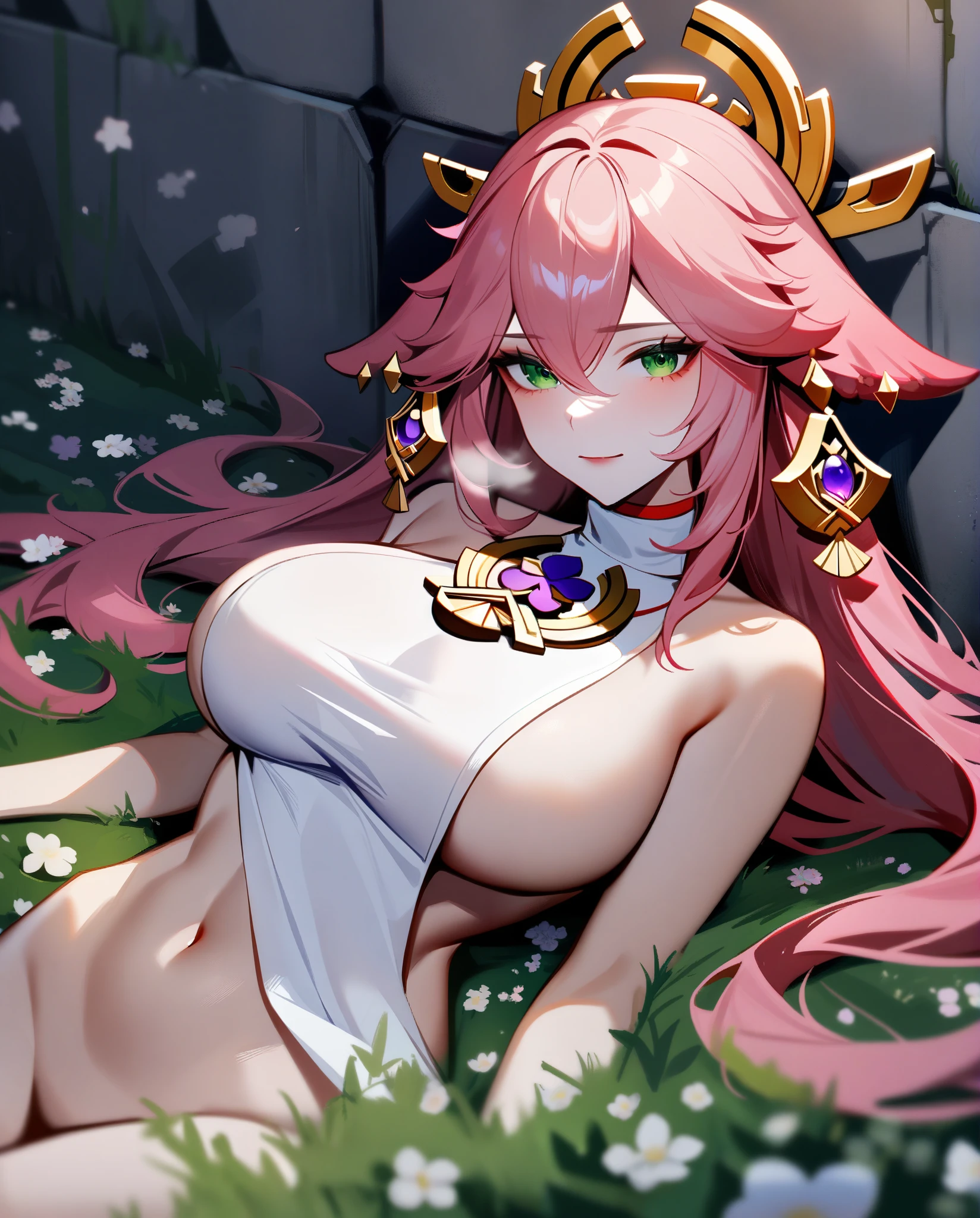 Lying down in a field of grass or flowerasterpiece, Excellent, 1girl, solo, complex details, color difference), realism, ((medium breath)), off-the-shoulders, big breasts, sexy, Yae Miko, GENSHIN IMPACT , long pink hair, red headdress, red highlight, hair above one eye, green eyes, earrings, sharp eyes, perfectly symmetrical figure, choker, neon shirt, open jacket, turtleneck sweater, graffiti, dim lighting, alley, looking at the audience, ((mean, seductive, charming)), tulle, bare shoulders, blooming flower fields, radiant skin, faint smile, sexy, bust, no breast cover, naked, cocked ass, tummy look