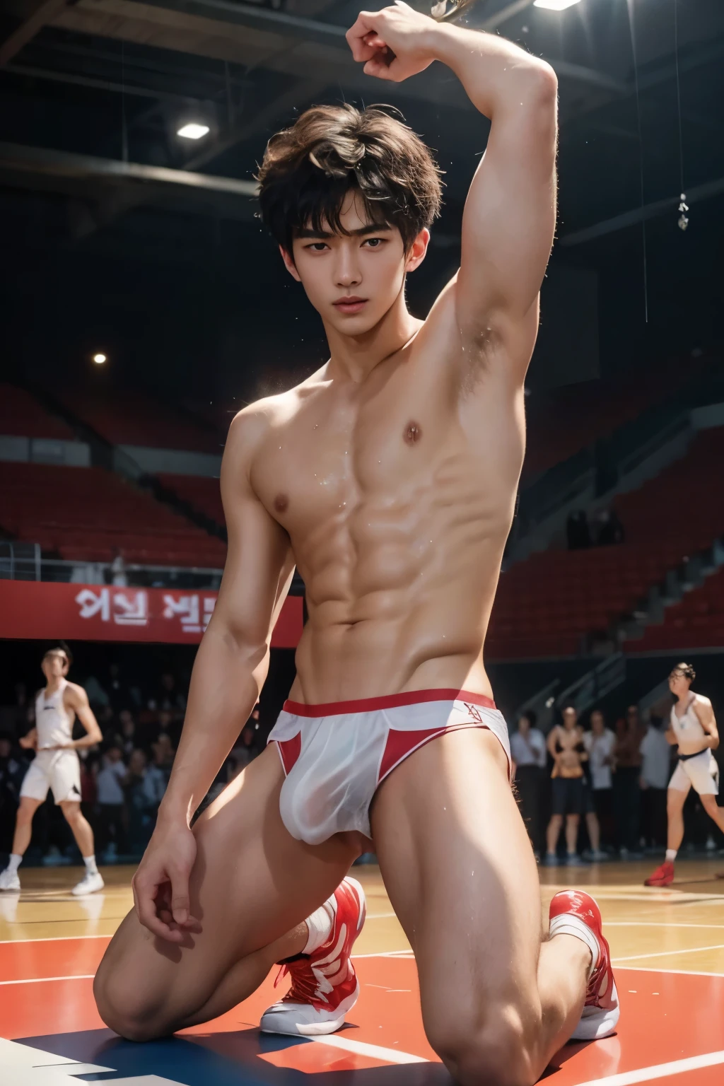 Very wet body, very wet, basketball court court, wearing socks, naked just wearing red soaked thong, kneeling, Showing off his very hairy armpits, Slim fit body, teenager body, Shota, very cute boy face,  boy, baby face, y, Very youn boy, Amazing basketball court scenery, in the middle of Crowded basketball court court, he only wear Tiny see through red thong, crowded people, very hot sunny day, summer, dirty and wet court,  he wore a very small transparent see through thong covering half of his big hard dick, dickprint, Sweat dripping all over the body, sweat covering all over the body, Full body photo, wearing Very tiny thong, Proudly showing off his sweaty very hairy armpits to audience in music concert area, completely naked just wearing thin Tiny white thong, very young boy, Cinematic soft lighting illuminates a stunningly detailed and ultra-realistic handsome korean male supermodel, ultra messy curly hair, clear honey eyes, captivating perfect smile, sensual, hot man, insanely handsome, showing off his sweaty body, very sixpack muscular body build, slender, toned, full body, 8k, photography, masterpiece, detailed face, detailed eyes, sexy, beautiful abdomen and beautiful legs and a detailed big hard bulge, expression of ecstasy, excited, slim, detailed eyes and lips, sixpack and fit body. Image quality is of the highest standard, with ultra-detailed features and a realistic appearance. The colors are bright and vibrant, enhancing the overall aesthetic. The lighting is soft and natural, casting a soft glow on the boy, don't merge body's