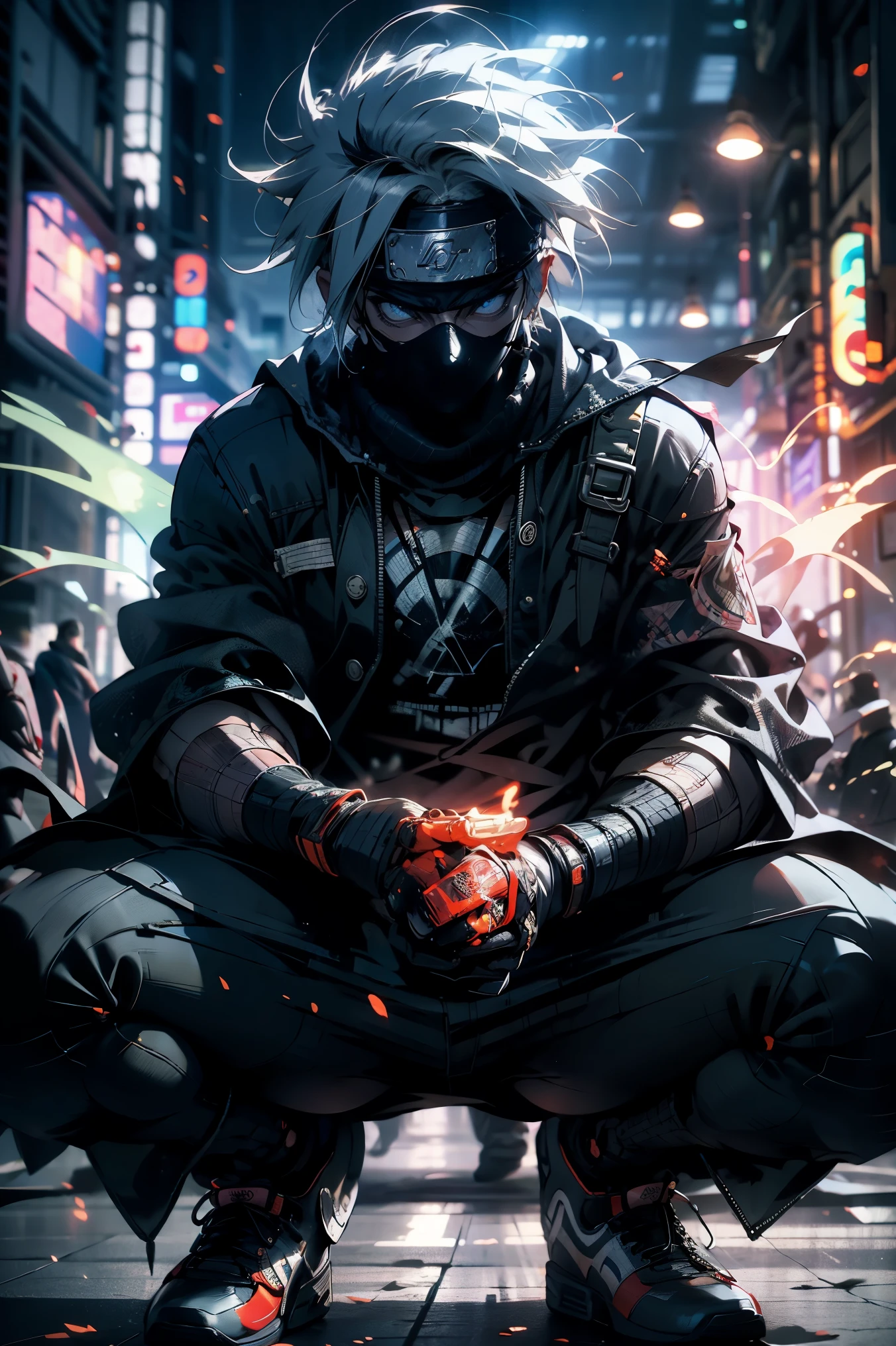 (best quality,4k,highres),Kakashi sitting on the ground with a street style, leaning against a wall, red Jordans, red ninja gloves, white hair, ninja headband, mask covering his mouth, graffiti background, vibrant colors, urban art style, edgy lighting