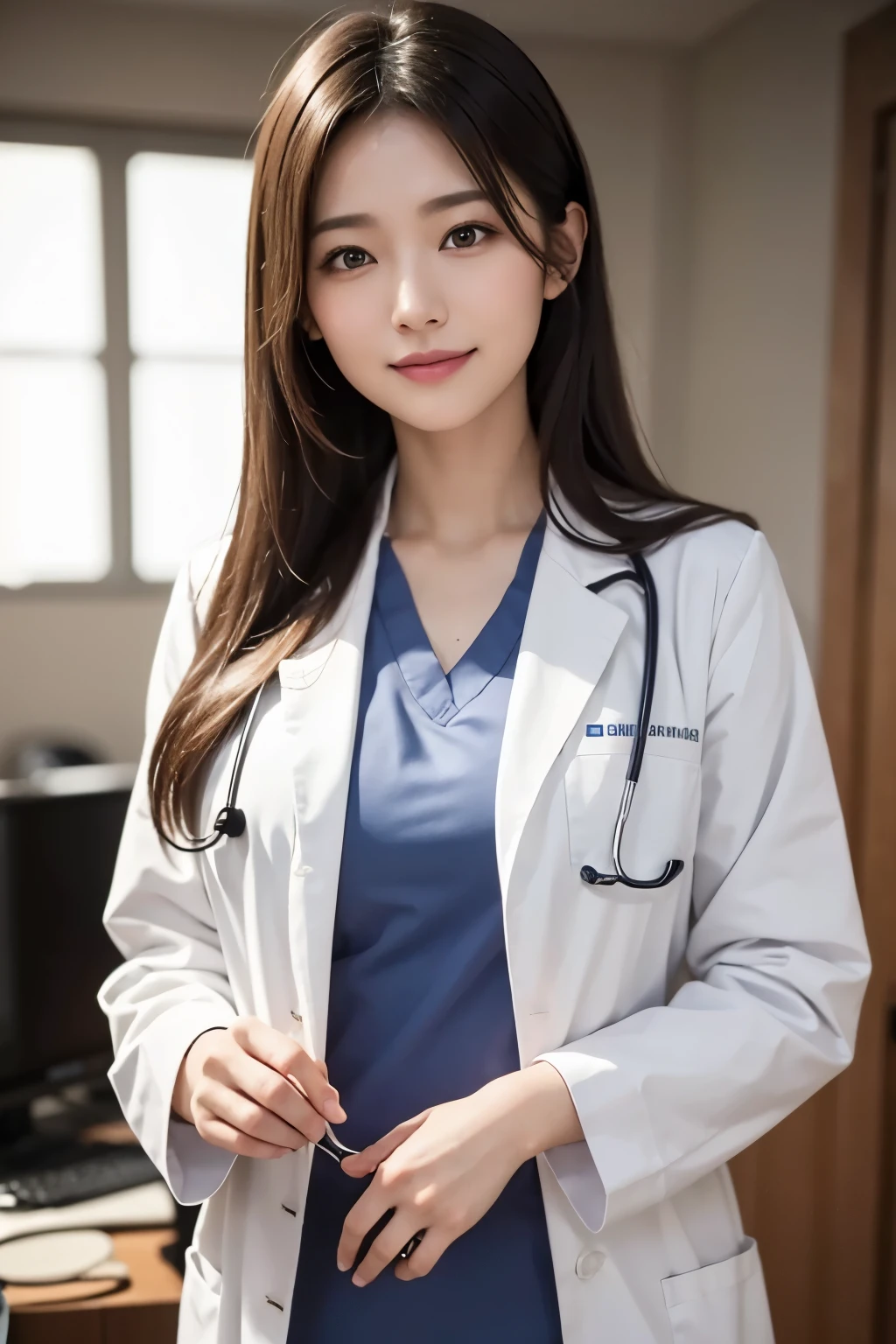 realistic beautiful doctor、amazingly beautiful、doctor&#39;s white coat, Collared shirts are open at the chest、(highest quality、8K、32k、masterpiece、nffsw:1.3)、超A high resolution,(Photoreal:1.4),RAW photo, detailed face,,beautiful hair, ((doctor style)), ,Long lab coat、 natural makeup,, Emphasizes large, round, and full breasts、Inside the hospital, detailed background, perfect lighting, Depth of the bounds written, beautiful shadow gradation,Stethoscope ,smile、Smooth straight、前かがみになって寝ている私の胸にStethoscopeをあてています:1.5、Tilt your head、にっこりsmile