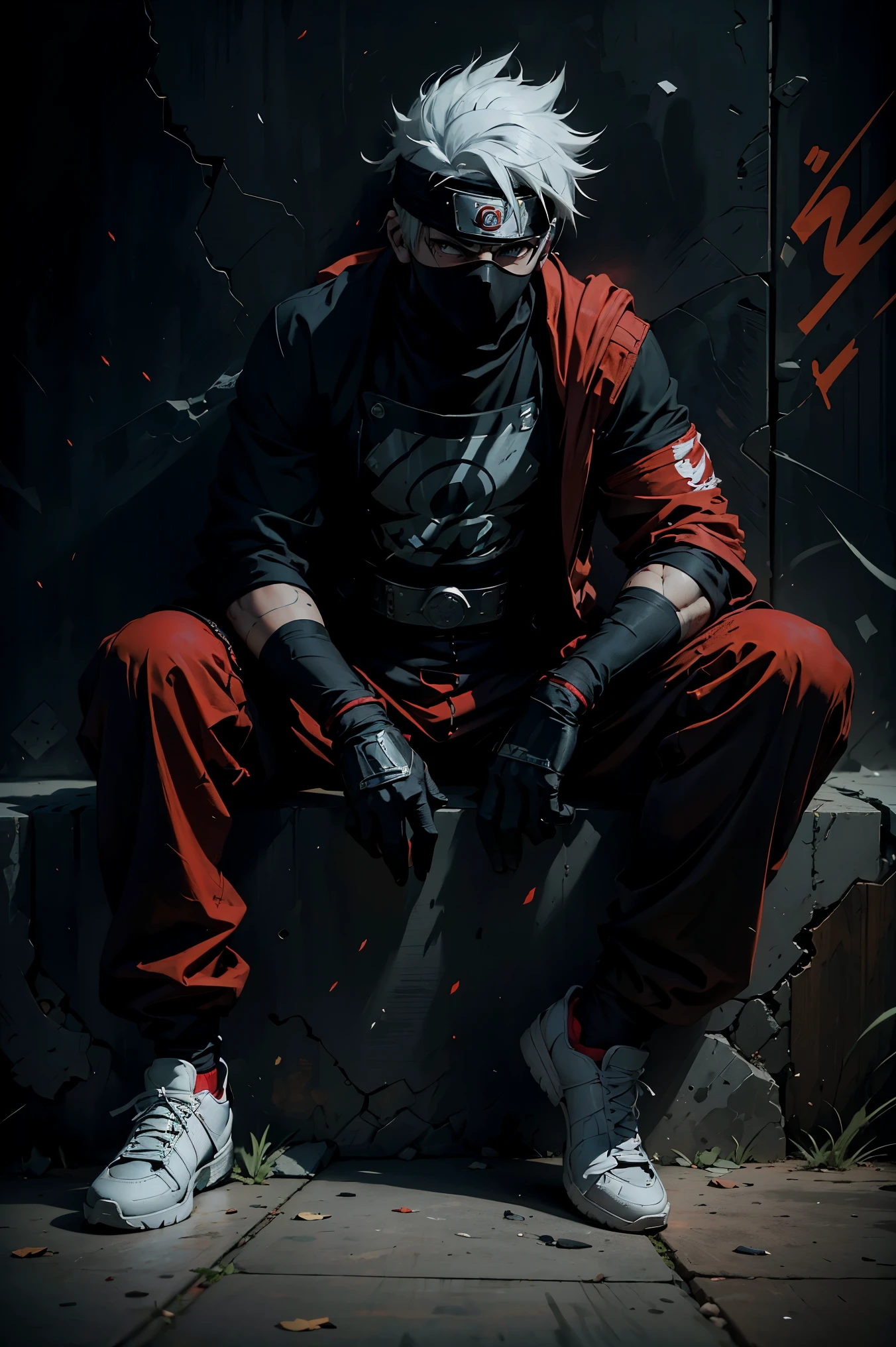 (best quality,4k,highres),Kakashi sitting on the ground with a street style, leaning against a wall, red Jordans, red ninja gloves, white hair, ninja headband, mask covering his mouth, graffiti background, vibrant colors, urban art style, edgy lighting