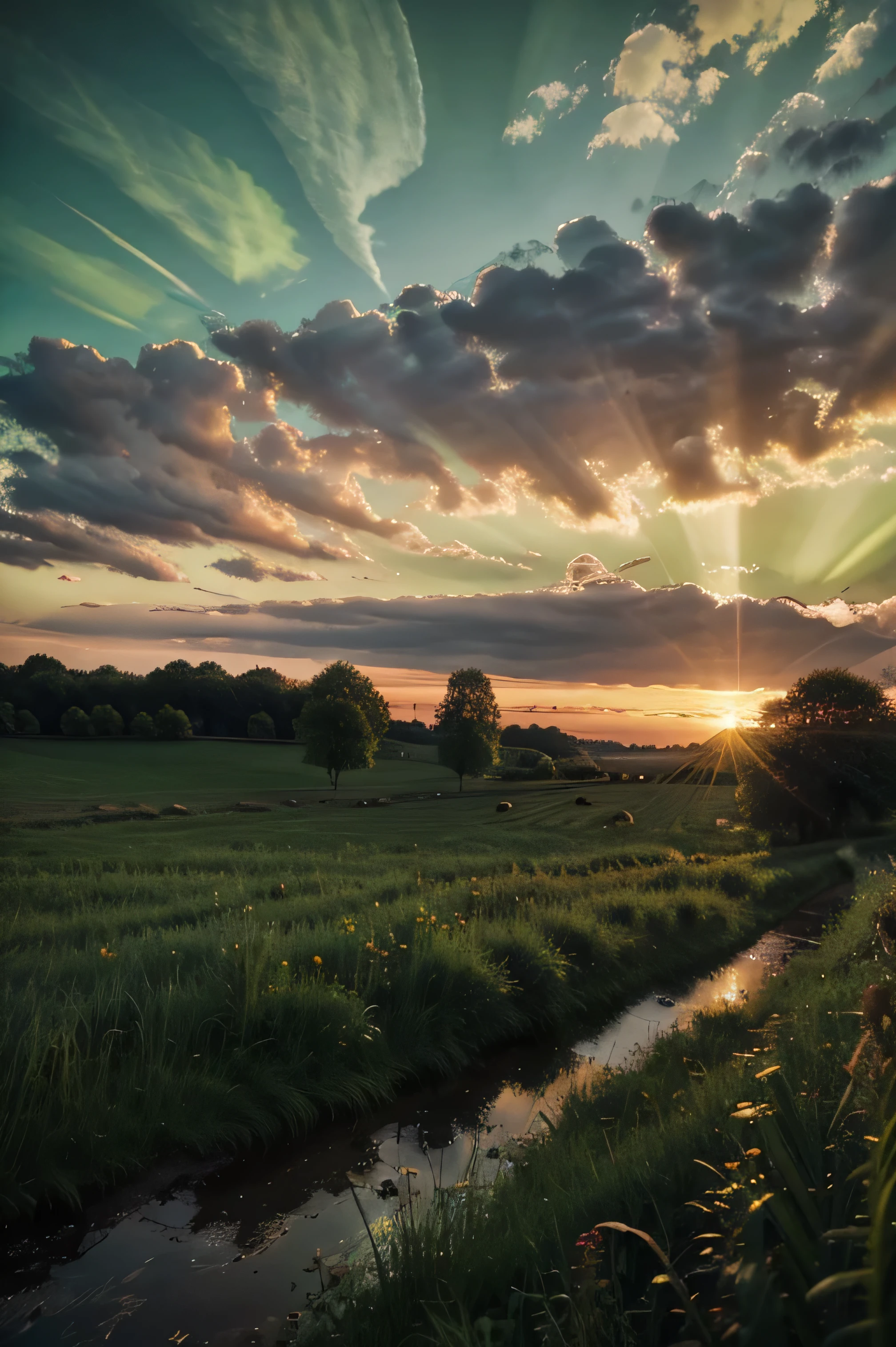 green sky, evening, photorealistic, best quality, high resolution, ultra-detailed, vivid colors
