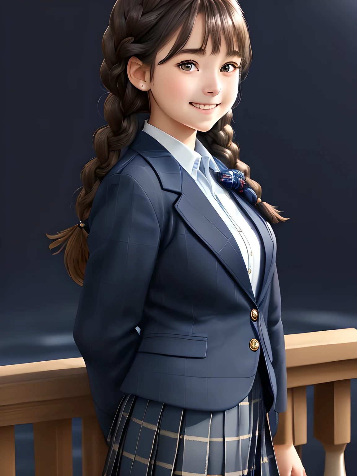 (((18-year-old & smart & elegant & beautiful japanese girl))), ((sing the soprano part of a classical song)), Very beautiful portrait, realistic girl drawing, amazing digital paintings, elegant digital paintings, detailed beautiful portrait, ((big brown eyes)), ((((Dark Blue Blue Blue and Navy Navy Check Long Pleated Tartan Check Long Skirt)))),((((dark blue school blazer with emblem)))), (((Dark brown twin tight braid hairstyle))), ((only looking at the viewer)), ((Transparent pure white skin)), ((very white skin)), ((very very very curly bangs)), ((long eyelashes)), (((close your eyes and smile))), ((put your hand on your chest)), ((thin downward eyebrows)), white background, ((shot from the side)), ((((droopy eyes)))), ((thin body)), ((((fat face)))), (((smile gently)))