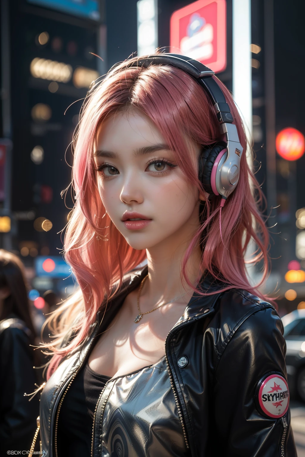 ((best quality)), ((Masterpiece)), (details), perfect face masterpiece, highest quality, Cyberpunk girls, Pop costumes inspired by Harajuku, Bold colors and patterns, Wearing headphones,eye-catching accessories, Trendy and innovative hairstyles, bright makeup, Cyberpunk dazzling cityscape, skyscraper, neon sign, led lights, Bright and vivid color scheme, Lots of pink,anime, figure, fine skin texture, fine cloth texture, beautiful detailed face, intricate details, Super detailed,Has an elongated sword,