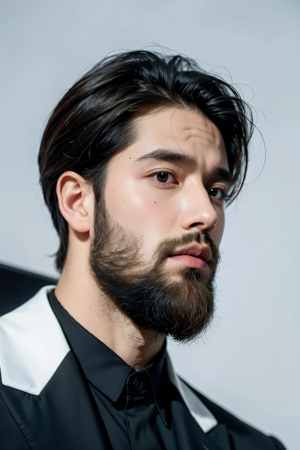 1boy,handsome male,face,beard, black suit white background,