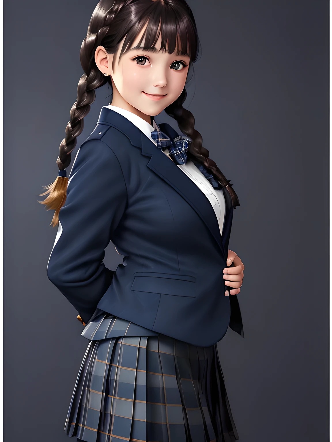 (((18-year-old & smart japanese girl))), Very beautiful portrait, realistic cute girl drawing, amazing digital paintings, elegant digital paintings, baroque digital painting, detailed beautiful portrait, ((big brown eyes)), ((((Dark Blue Blue Blue and Navy Navy Check Long Pleated Tartan Check Long Skirt)))),((((dark blue school blazer with emblem)))), (((Dark brown twin tight braid hairstyle))), ((only looking at the viewer)), ((Transparent pure white skin)), ((very white skin)), ((very curly bangs)), ((long eyelashes)), (((close your eyes and smile))), ((put your hand on your chest)), ((thin downward eyebrows)), white background, ((shot from the side)), ((((droopy eyes)))), ((thin body)), ((fat face))