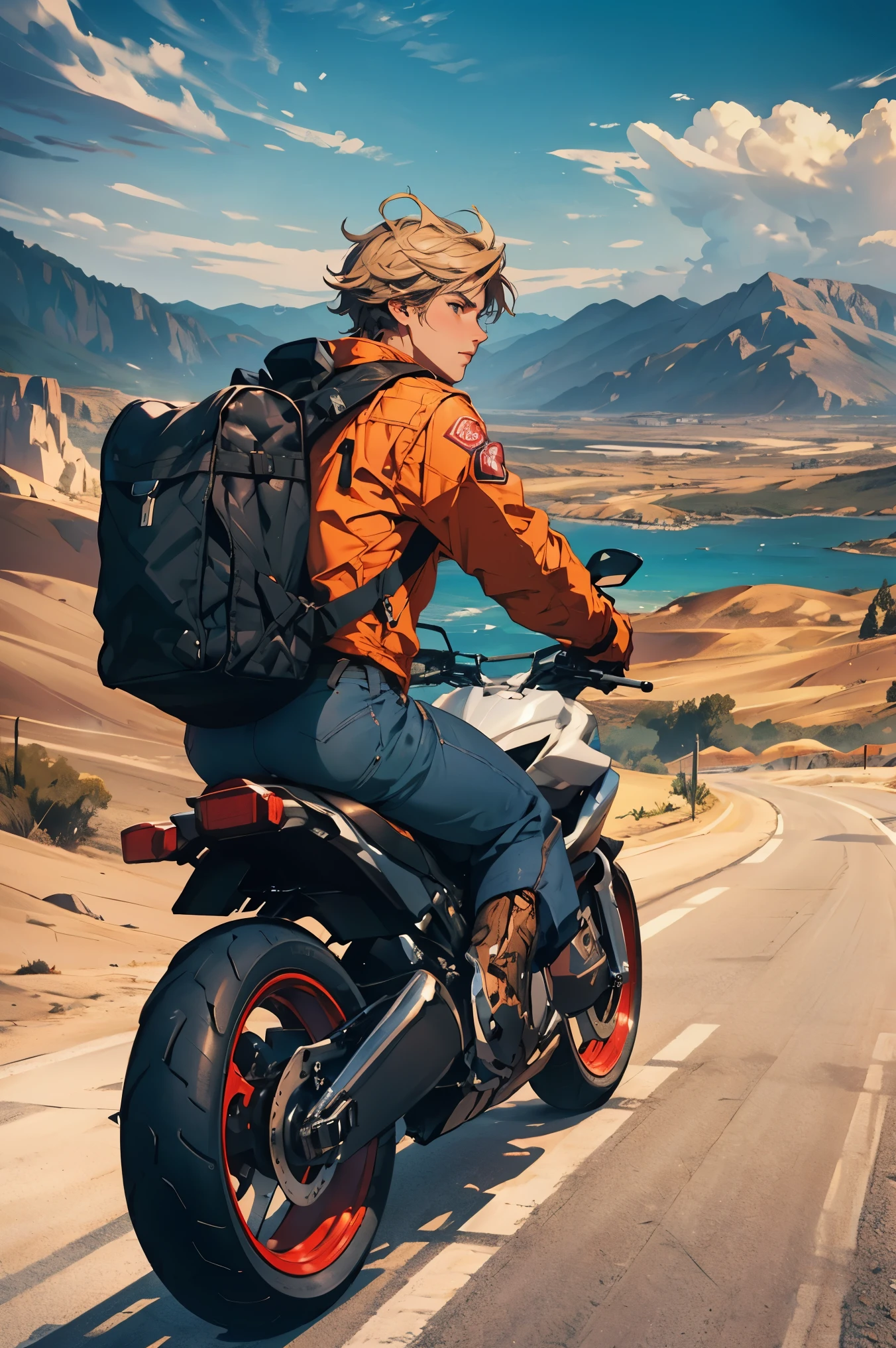 (a boy on a motorcycle on top of a mountain with great views of a desert, 2000s motorcycle, with a backpack on his back and wearing work clothes), (best quality, 4k, highres, masterpiece:1.2), ultra-detailed, realistic:1.37, HDR, studio lighting, extreme detail description, professional, vivid colors, bokeh, portraits, landscape, urban, vintage, warm tones, dramatic lighting,(quieto),((sin moverse))