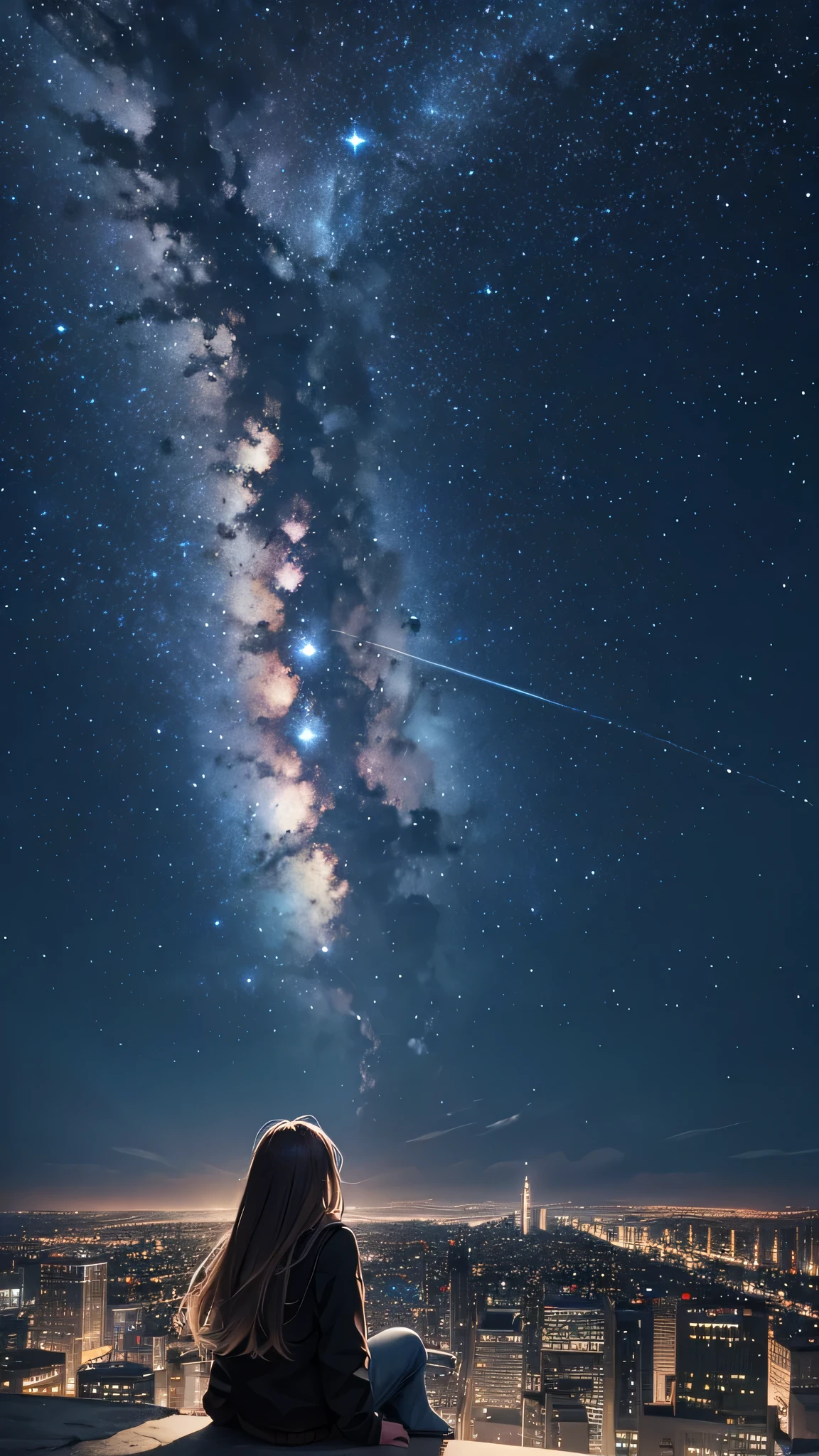 Octane number, Sky, Star (Sky), landscape, Starry Sky, night, 1 girl, night Sky, alone, outdoor, architecture, cloud, Milky Way, sitting, Tree, long hair, City, contour, Cityscape