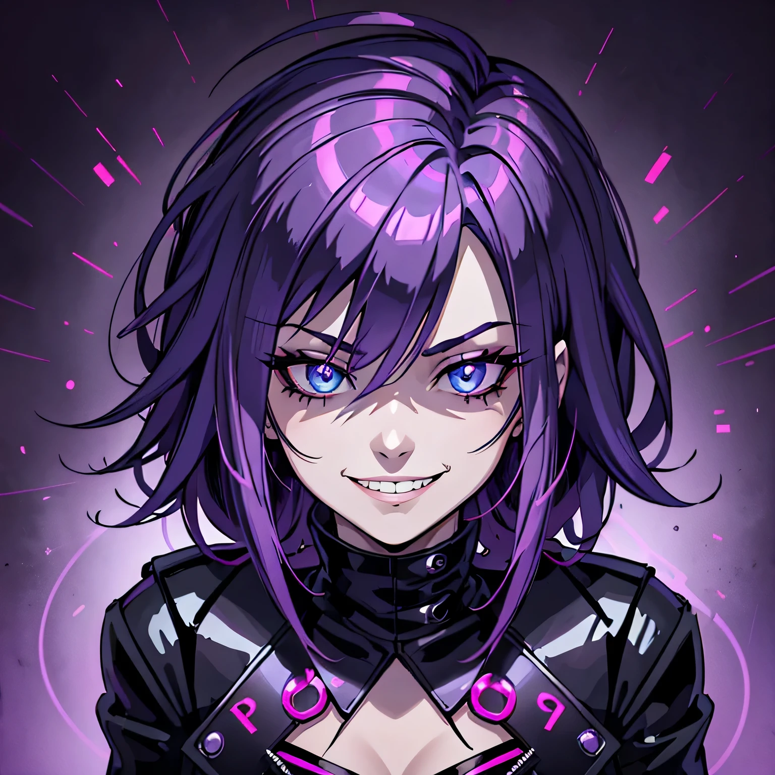 Hazbin Hotel style. portrait. Girl with short pink hair and blue eyes. She is wearing a black leather jacket, purple closed top and black leather pants. There&#39;s a predatory, sly, creepy smile on her face.. She is a cruel and bloody killer. Background with glowing neon purple light lines. Great quality, Beauty. chic style