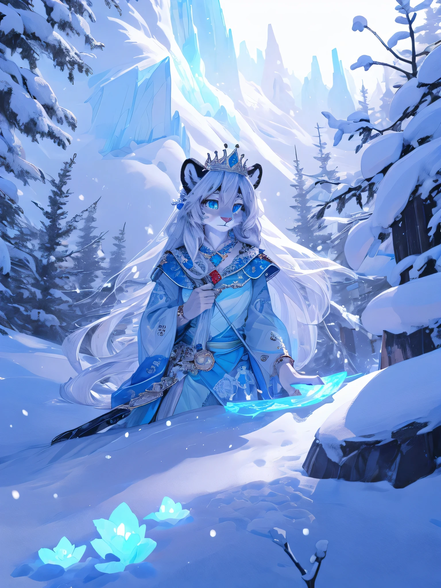 A female snow leopard,Wearing a princess-like crown on her head,her eyes yes,and long white hair。Behind her is the beautiful snow forest,Glaciers hang in the sky。Light blue crystal flowers fell around her。