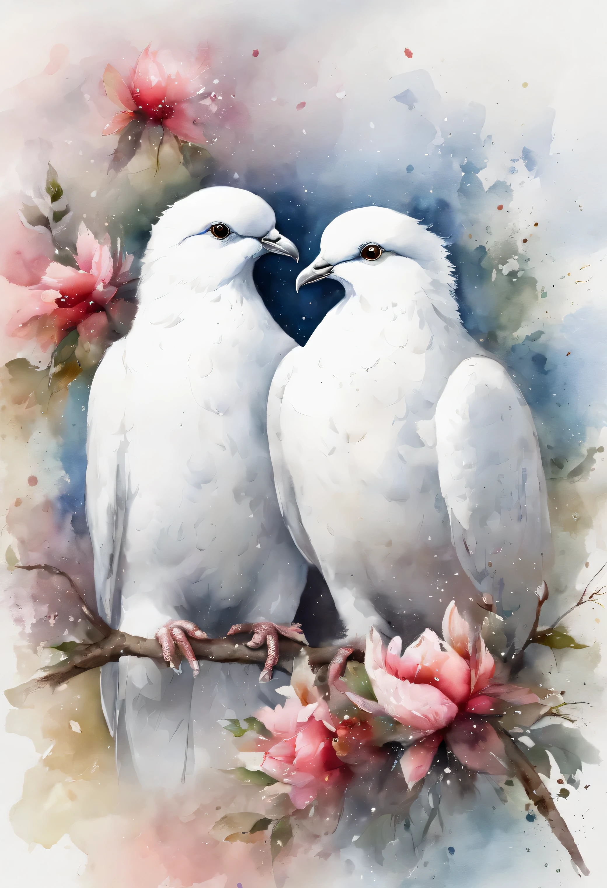 two cute white doves painting with a splatter background and spray paint effect, by Eugeniusz Zak, watercolor art, by Károly Lotz, watercolor painting, watercolor painting style, watercolor detailed art, by Reuben Tam, watercolor digital painting, watercolor paint, masterfully detailed watercolor, watercolor art, Grzegorz Rutkowski