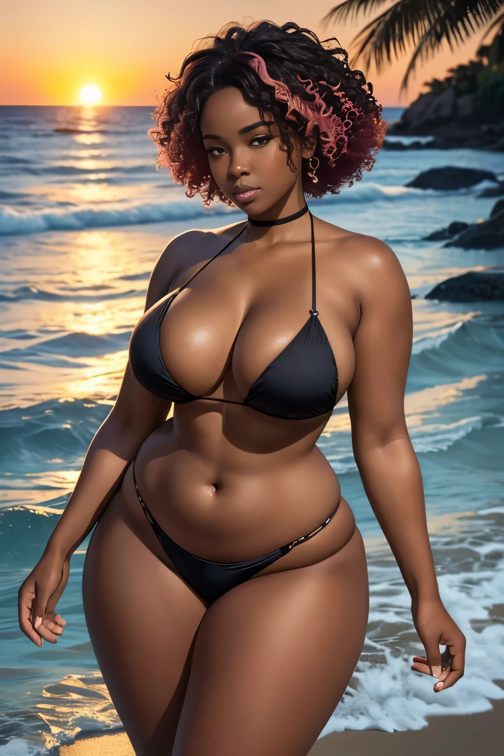 A captivating visual representation of a Black skin woman radiating confidence and sensuality in a bikini, showcasing her wide hips and thick, strong legs. Her ample H-cup breasts stand proudly, soft and round. Her chubby frame adds to her allure, exuding an irresistible charm.

The background depicts a serene beach, bathed in the soft glow of the setting sun. The water sparkles with reflections of the vibrant orange and pink hues, reflecting off her dark, glistening skin. Her curvy silhouette contrasts against the sandy beach, her dark curls cascading down her back in loose, tousled