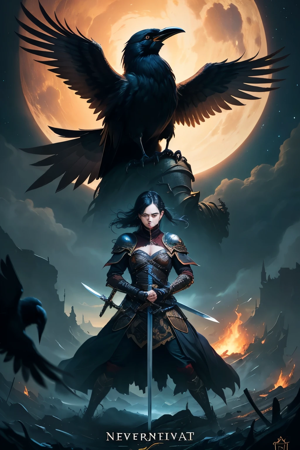 Nevernight, Logo, Text, Sword, Battle, Crow, Night, ((best quality)), ((masterpiece)), (detailed)