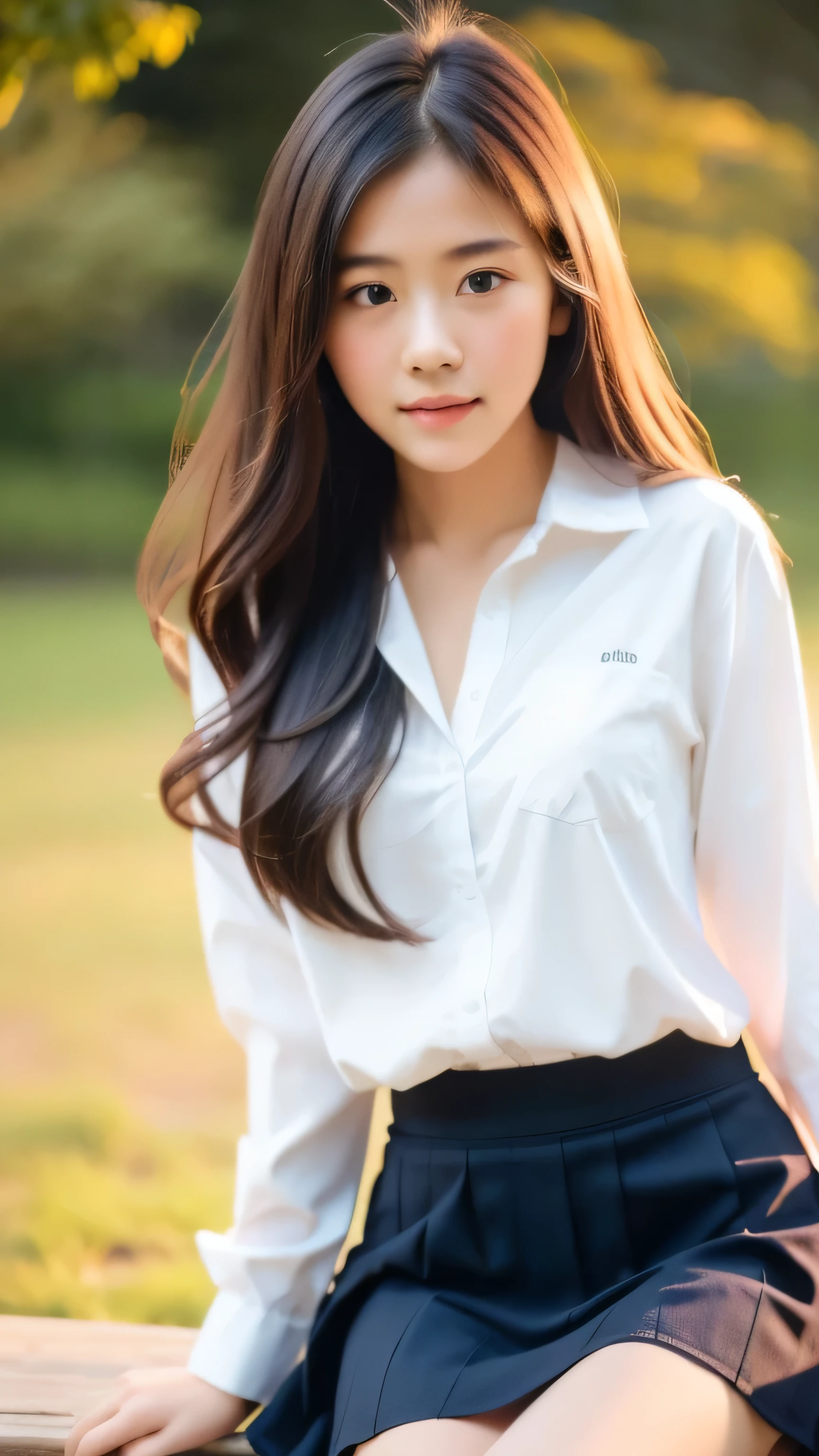 (masterpiece, highest quality, Raw photo, realistic:1.2), 1 girl, avert your eyes, sad, beautiful girl, cute, delicate girl, medium hair, Depth of written boundary, High resolution, Super be familiar with, be familiar with, 非常にbe familiar withな目と顔, realistic student, sharp focus, cinematic lighting, Upper body, silk shirt, skirt,