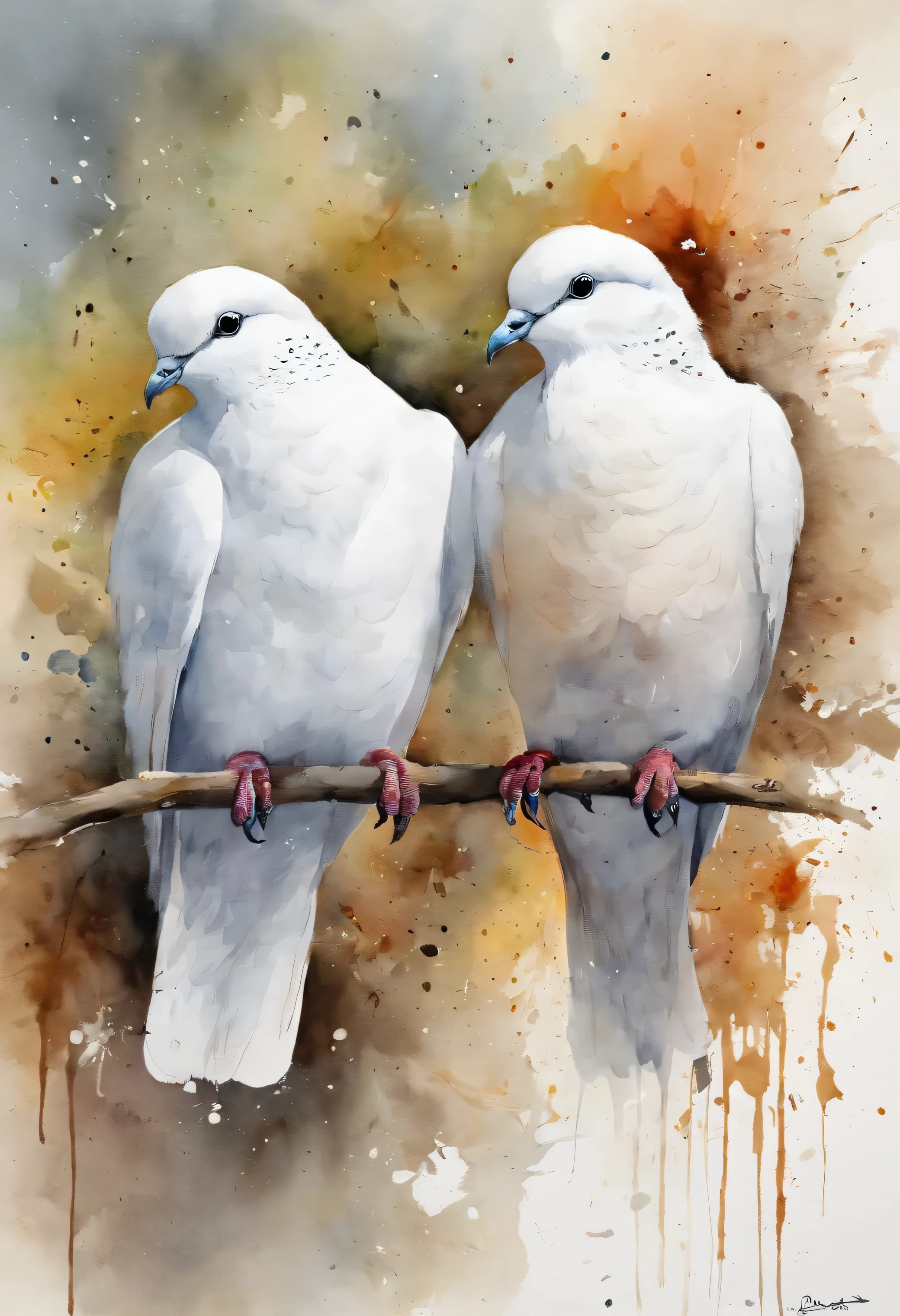 two cute white doves painting with a splatter background and spray paint effect, by Eugeniusz Zak, watercolor art, by Károly Lotz, watercolor painting, watercolor painting style, watercolor detailed art, by Reuben Tam, watercolor digital painting, watercolor paint, masterfully detailed watercolor, watercolor art, Grzegorz Rutkowski