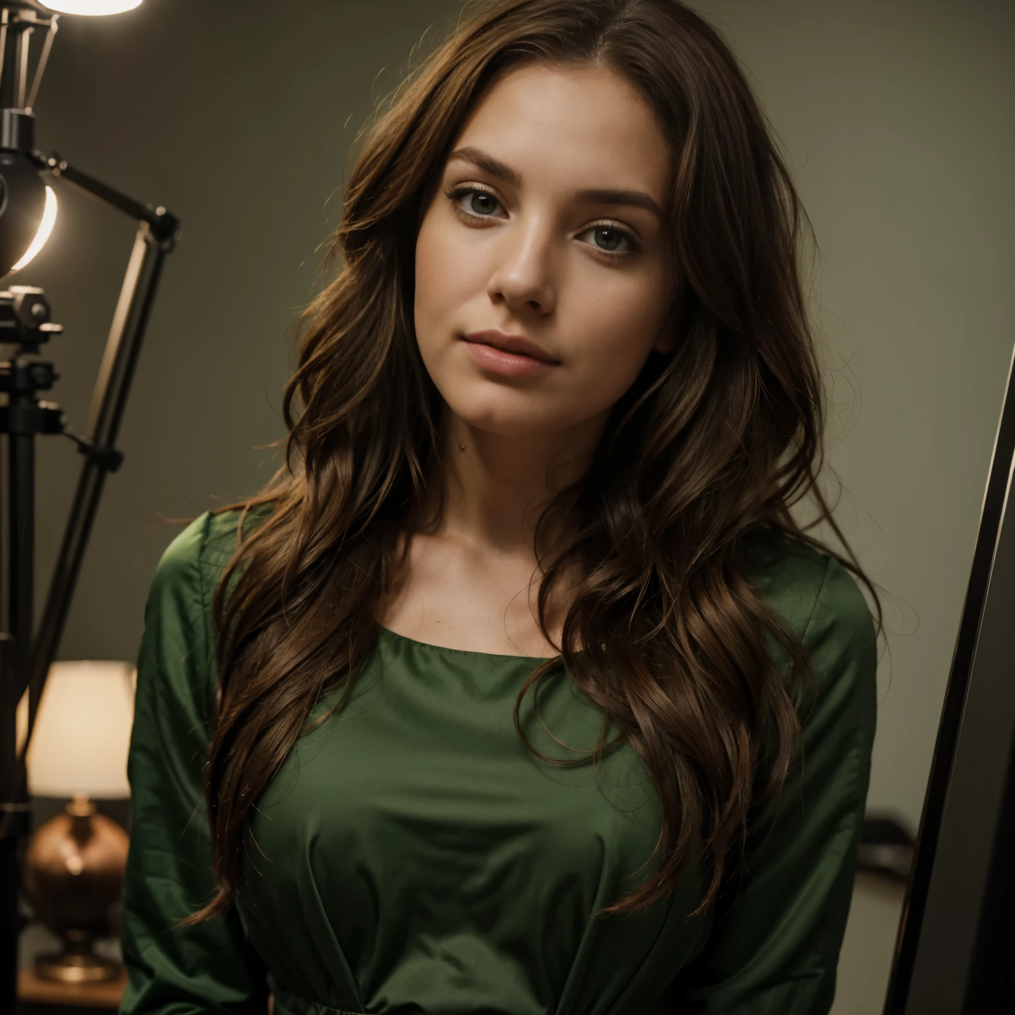8k, highest quality, ultra details, Euro-American woman, young, realistic, modern days, studio lighting, professional setting, brown hair, wavy hair, green dress