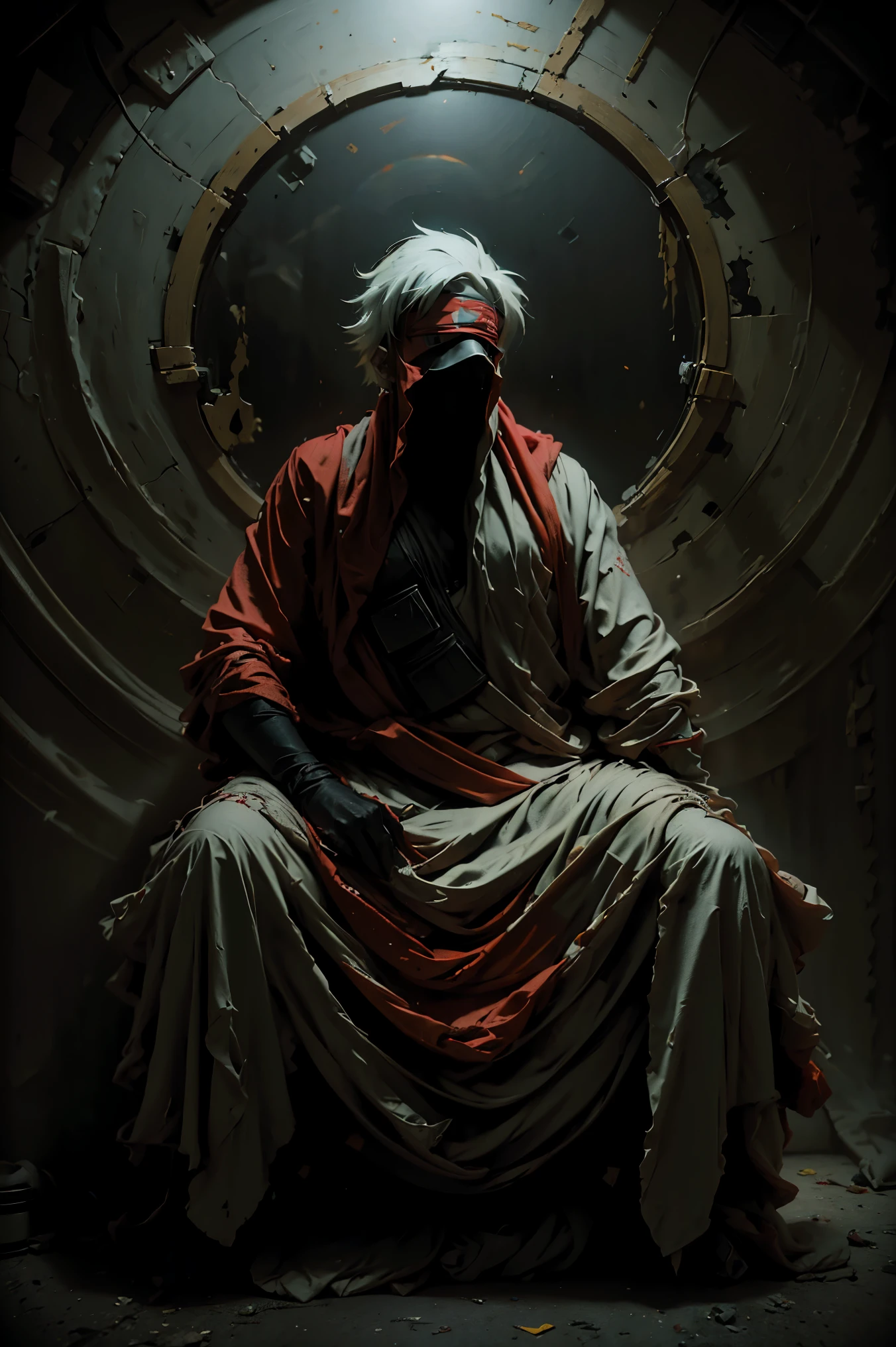 (best quality,4k,highres),Kakashi sitting on the ground with a street style, leaning against a wall, red Jordans, red ninja gloves, white hair, ninja headband, mask covering his mouth, graffiti background, vibrant colors, urban art style, edgy lighting