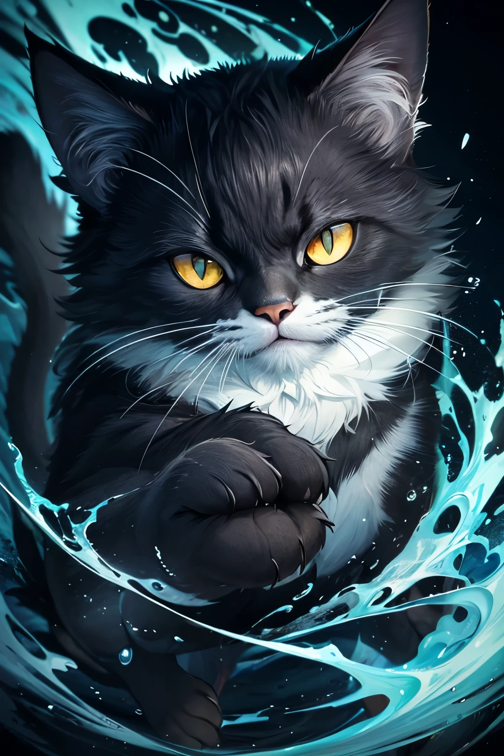 A captivating dark fantasy illustration showcases an enraged cat in hyper-realistic 3D render, its sharp claws gripping a large, shiny fish in vivid colors. The cat's eyes are wide, filled with fury, and its brows are furrowed, while its ears are flattened against its head. The fish, caught in the cat's grasp, gleams with lifelike textures, adding to the scene's tension.
The grayish-black background contrasts dramatically, allowing the cat and fish to stand out prominently. This masterpiece, created by a collaboration between artists Anna Hollinrake, Tom Whalen, and Yuko Shimiz