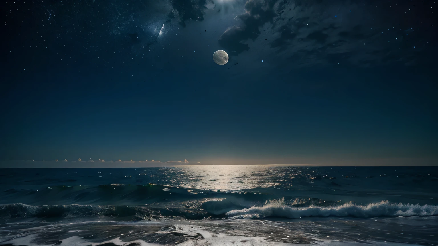 Full HD images and cinematic animation depicting a beautiful sea full of stars and a full moon.
