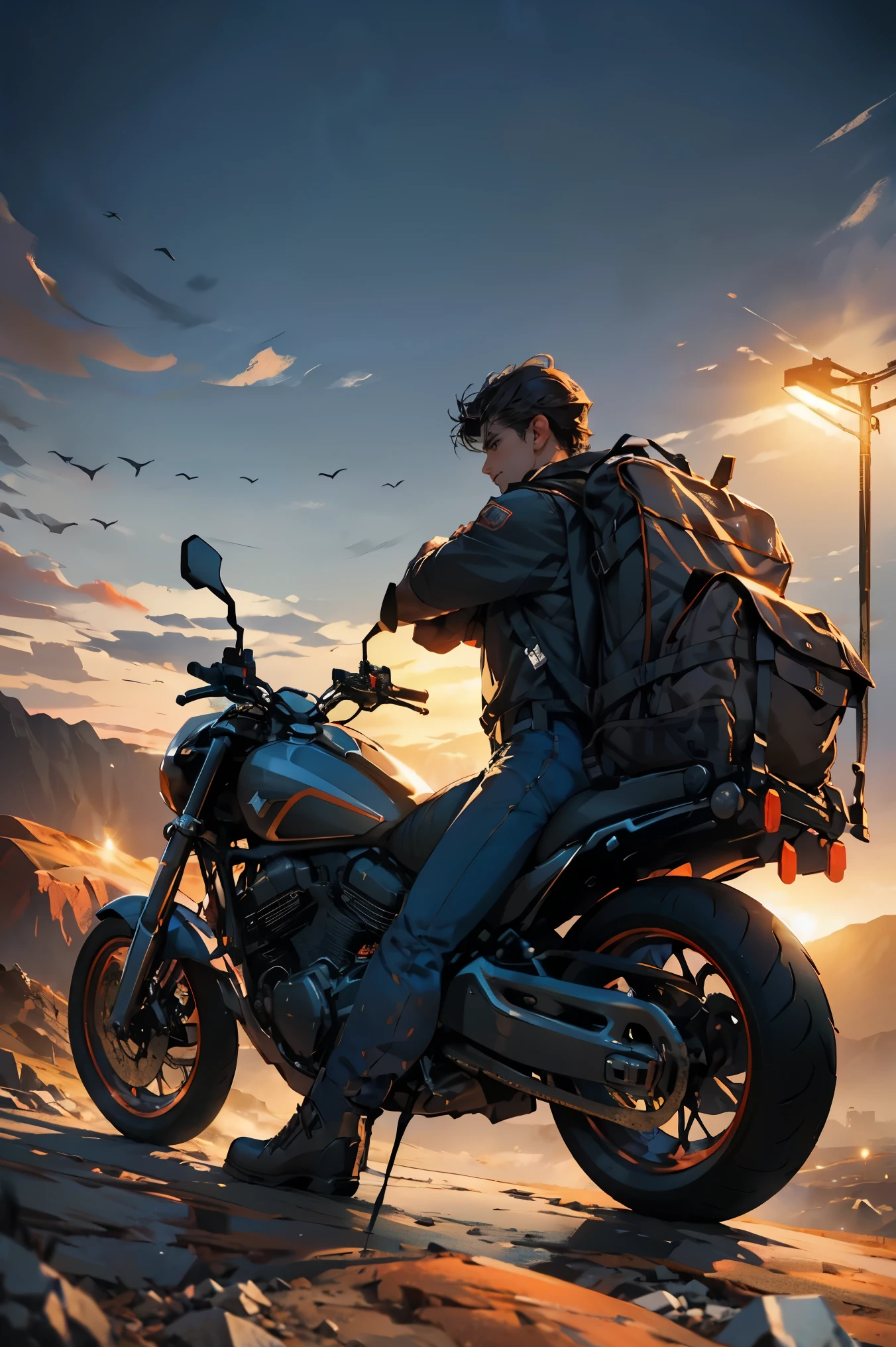 (a boy on a motorcycle on top of a mountain with great views of a desert, 2000s motorcycle, with a backpack on his back and wearing work clothes), (best quality, 4k, highres, masterpiece:1.2), ultra-detailed, realistic:1.37, HDR, studio lighting, extreme detail description, professional, vivid colors, bokeh, portraits, landscape, urban, vintage, warm tones, dramatic lighting,(quieto),((sin moverse))