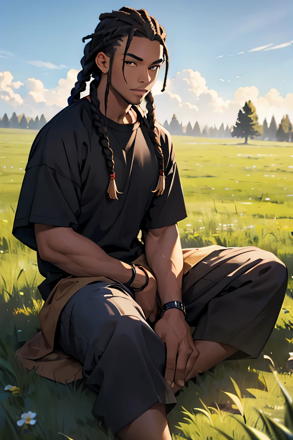 black man with braids sitting in an open field
