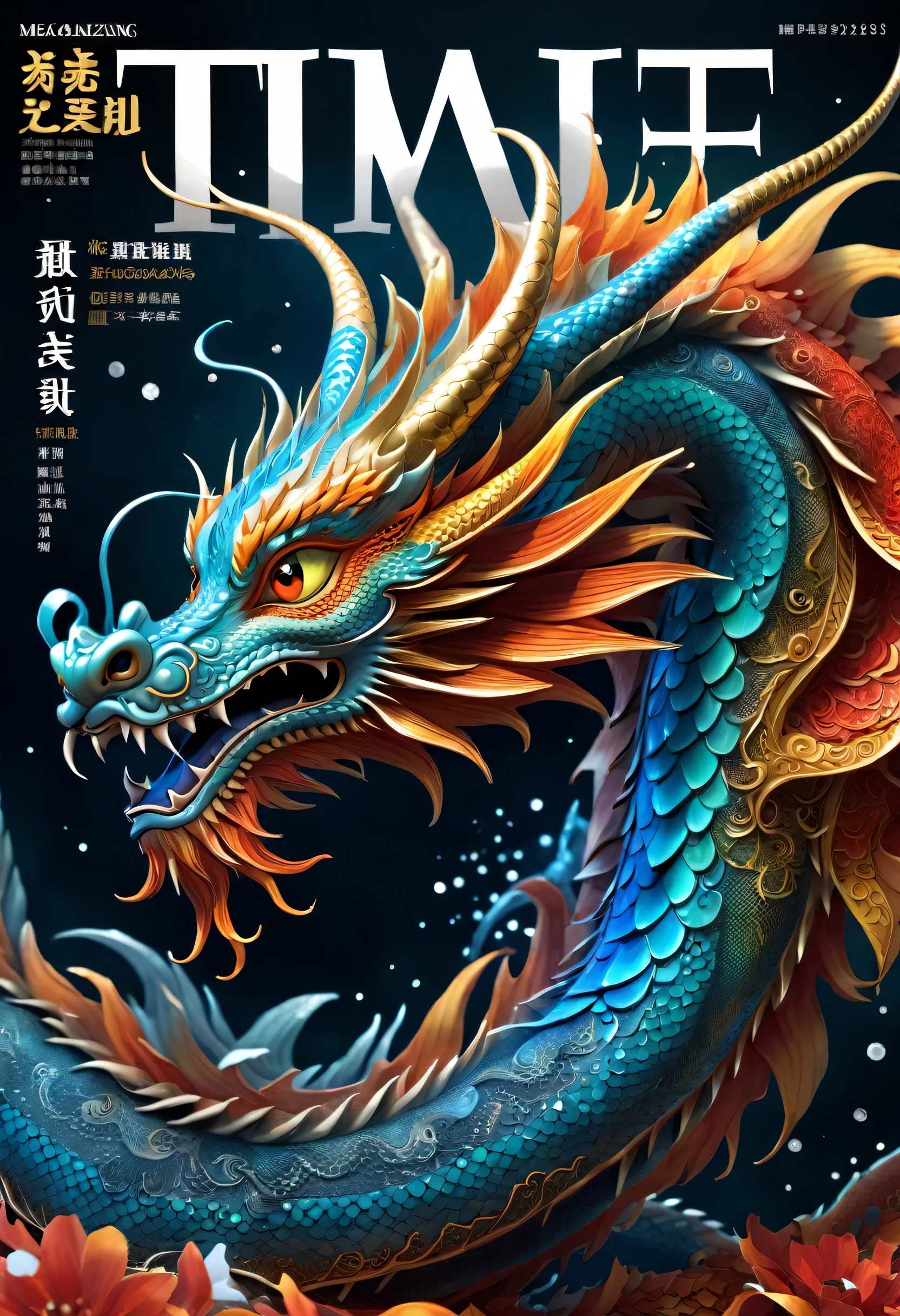 ((magazine cover)),chinese dragon,Display of magazine name:Monthly Dragon,Display content title,anime style,cosmic art,digital art,rendering,unreal engine,intricate details,magazine coverらしい文字列,gracefully,great finish,glossy paper,dragon head,Beautiful scales,Curvaceous,delicately and boldly,nice,Highest,masterpiece,Highestmasterpiece,Highestの出来栄え,This is a magazine that sells well..,popular products,lettering,Careful letter placement,Computed configuration,Highestの構図,elements of senderberg，magic element,dark fantasy influence,A terrifyingly beautiful world of dragons,