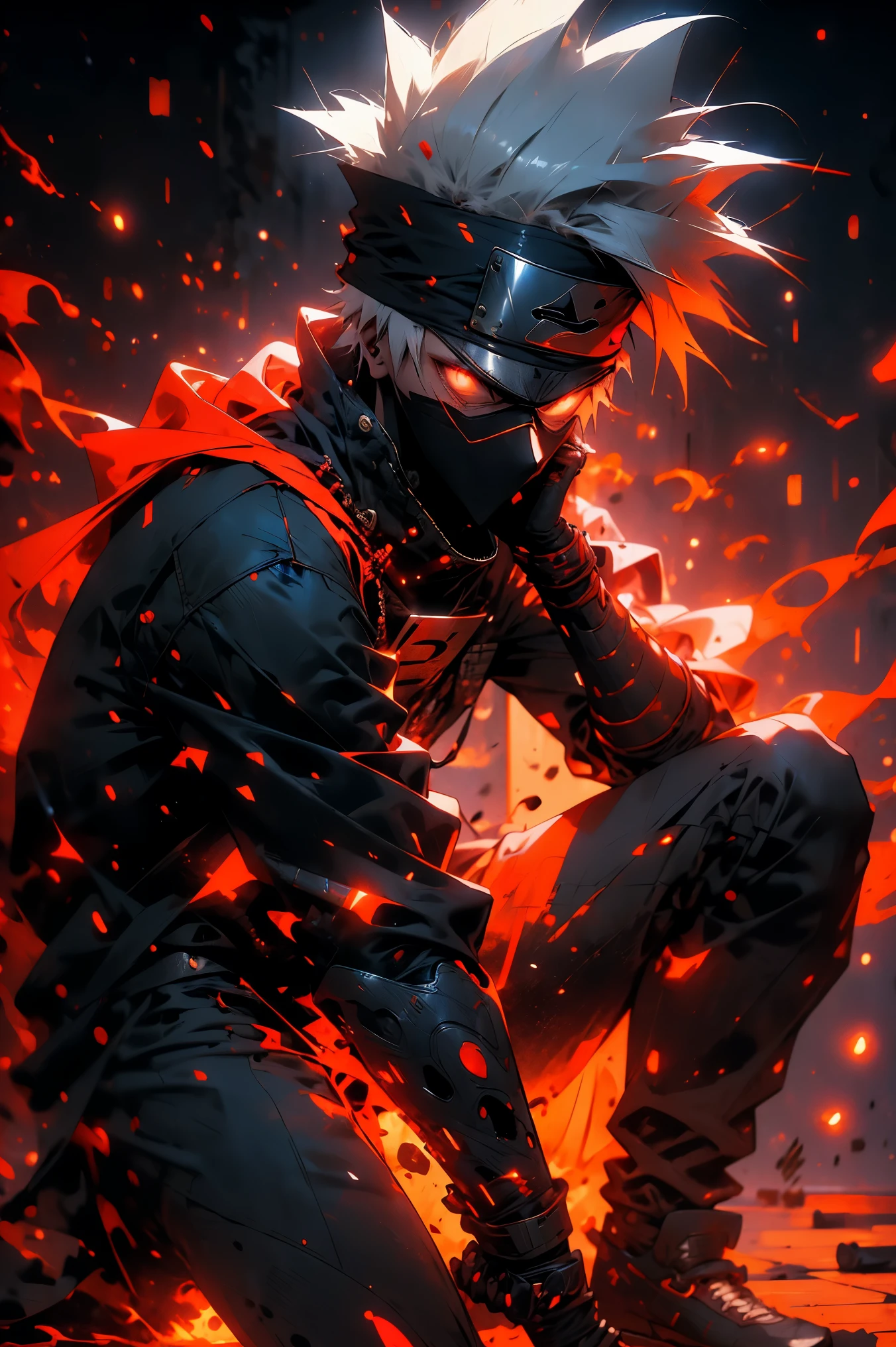 (best quality,4k,highres),Kakashi sitting on the ground with a street style, leaning against a wall, red Jordans, red ninja gloves, white hair, ninja headband, mask covering his mouth, graffiti background, vibrant colors, urban art style, edgy lighting