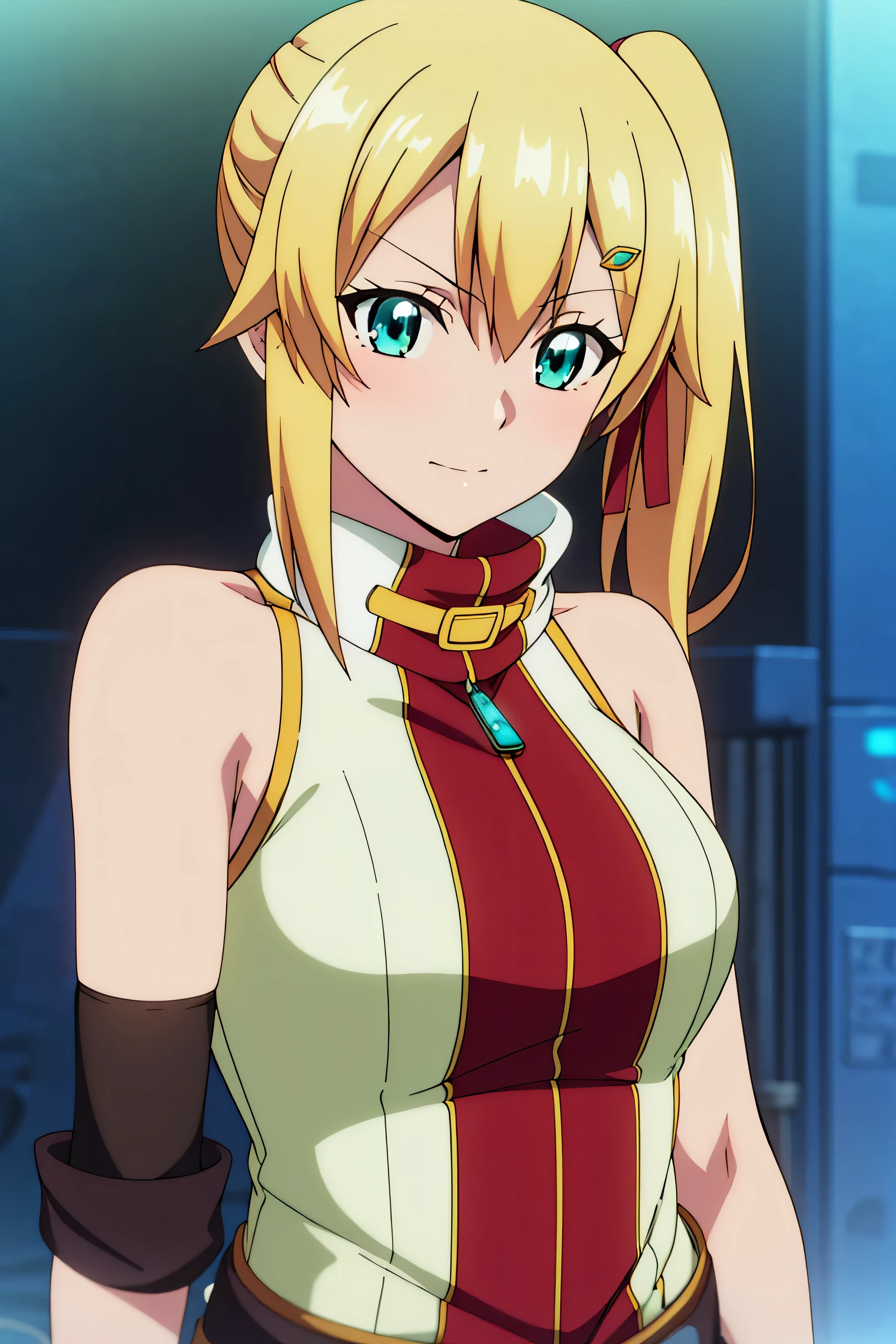 (Best Quality, masutepiece, High resolution, anime screen cover, anime color), 1girl, solo, looking at viewer, upper body, depth of field, Lower arms, emma_brightness, blonde hair, aqua eyes, , bare shoulders, , side ponytail, pirate costume, science fiction hard science fiction,