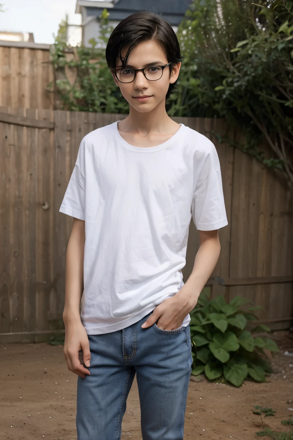 ( boy) (slender body) (thin body), (black hair) (blue eyes) (white skin) glasses, thin hips, thin thighs, collarbone, ribs, happy expression. full body, western face, thin nose, shy boy. (casual clothes) white t-shirt, jeans, sneakers, straight hair. long shirt, coat. short, short stature. ((Location: backyard))