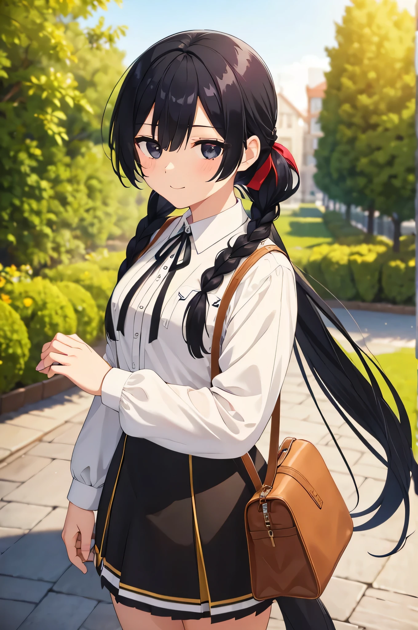 black hair,black eyes,1girl, solo, masterpiece, best quality, very aesthetic, outdoors, black skirt, , braid, braided ponytail, closed mouth, collared shirt, cowboy shot, dutch angle, from below, green ribbon, hair over one eye, hair over shoulder, hand up, long hair, long sleeves, looking down, neckerchief, own hands together, ponytail, ribbon, school bag, , skirt, smile, standing, swept bangs, v-shaped eyebrows,
