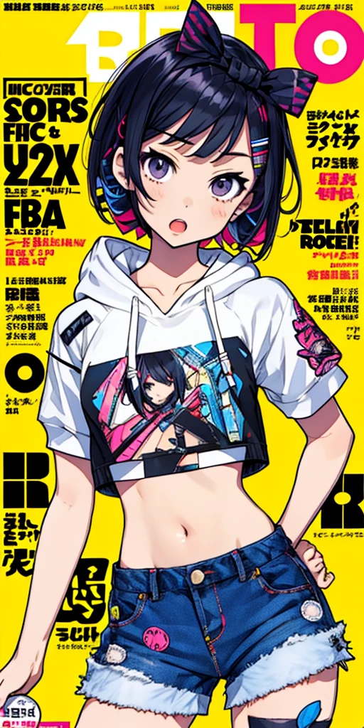 1girl, standing, punk girl, short hair, (bob cut hair, sitting), detailed background, (pop art, decora art style, doodle art), (hair accessories, ribbons), (cropped hoodie, shorts, midriff), accessories, body stickers, ((perfect legs, contrapposto)), navel, deep cleavage, lewd, multicolored hair, streaked hair, mksks style, , (tired eyes, open mouth), dynamic angle, (magazine cover, text), sharp_eyes