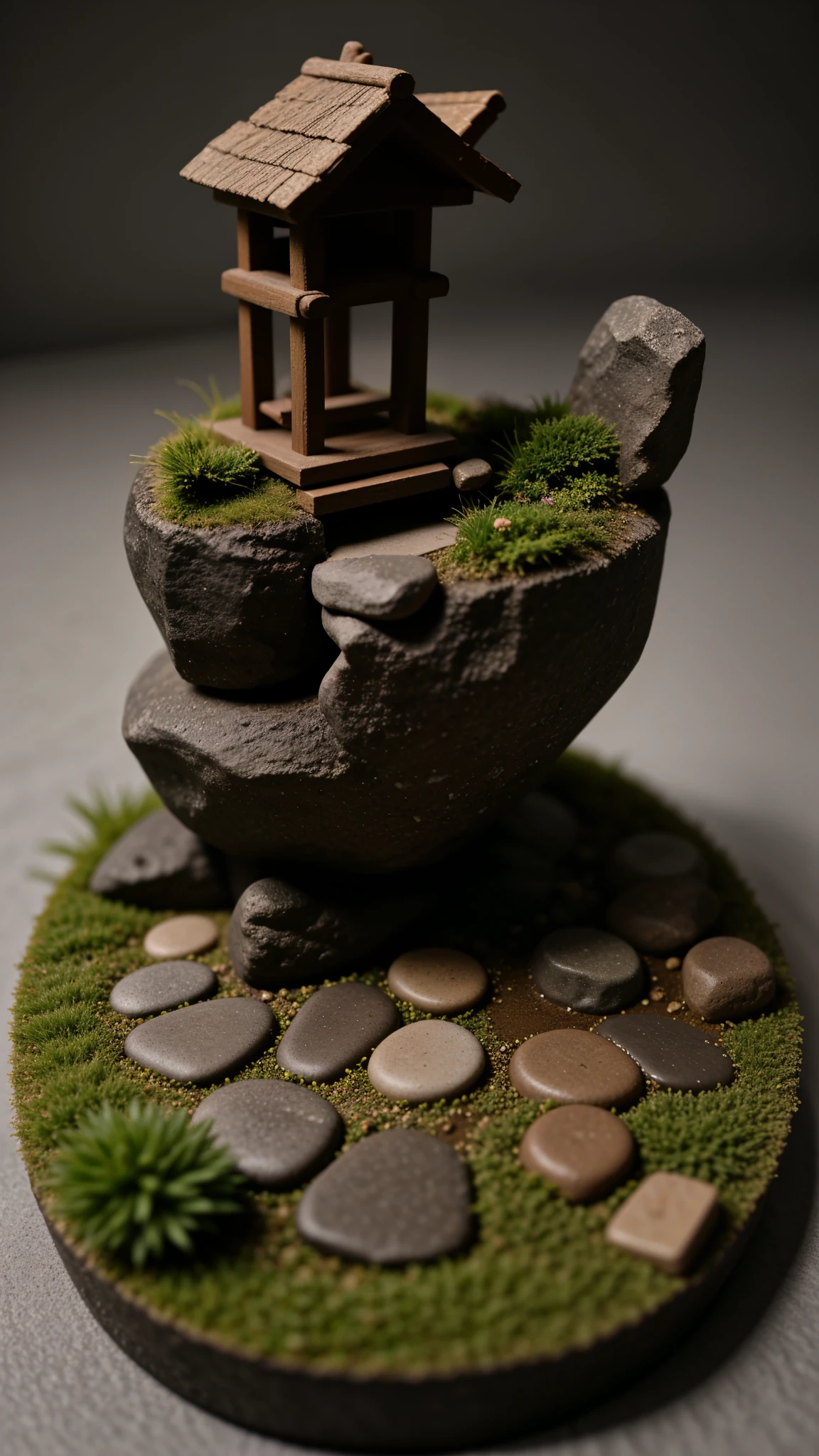 Miniature Magic Garden Scene., flores delicadas、ramas suaves y brillantes、Iluminado por miniaturas sonrientes y felices.. 8K Autorealist,Japanese garden、santuario、torii