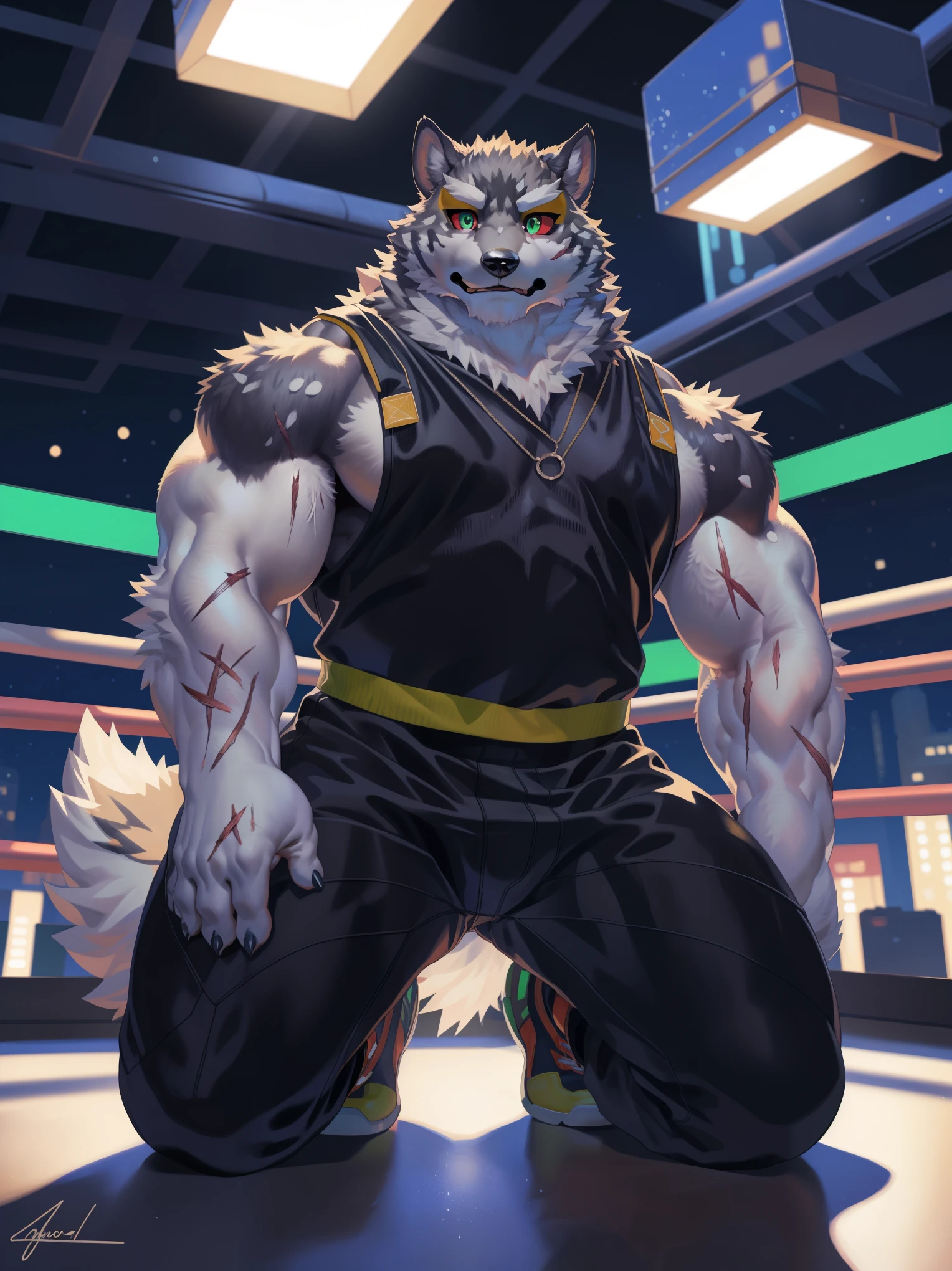 solo, anthro, furry, furry male, monomasa,((fluffy fur,fluffy,furry body)), (monomasa print), muscular male, big, abs, chest, pectorals, black pupils, green eyes, red sclera, tail, detailed fluffy fur, detailed face, detailed eyes, necklace, black tank top, black and white fur, black pants, sneakers, (yellow eyeshadow:0.8), cyberpunk fighting ring, (by null-ghost,by raccoon21, masterpiece, high quality, hi-res, 8k, hd), standing,close-view portrait, looking at viewer, night, indoors, wounded, hurt expression, kneeling, beaten up