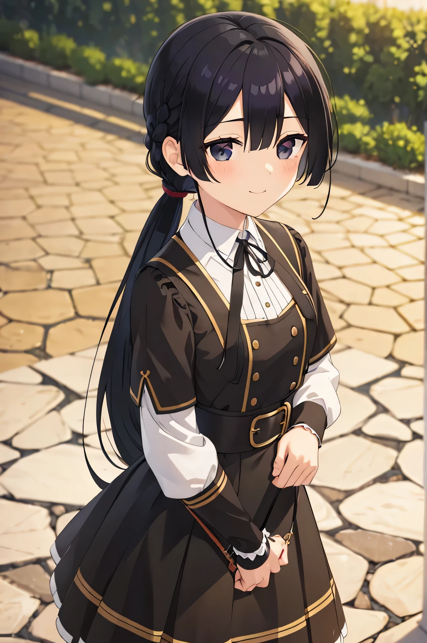 black hair,black eyes,1girl, solo, masterpiece, best quality, very aesthetic, outdoors, black skirt, , braid, braided ponytail, closed mouth, collared shirt, cowboy shot, dutch angle, from below, green ribbon, hair over one eye, hair over shoulder, hand up, long hair, long sleeves, looking down, neckerchief, own hands together, ponytail, ribbon, school bag, , skirt, smile, standing, swept bangs, v-shaped eyebrows,