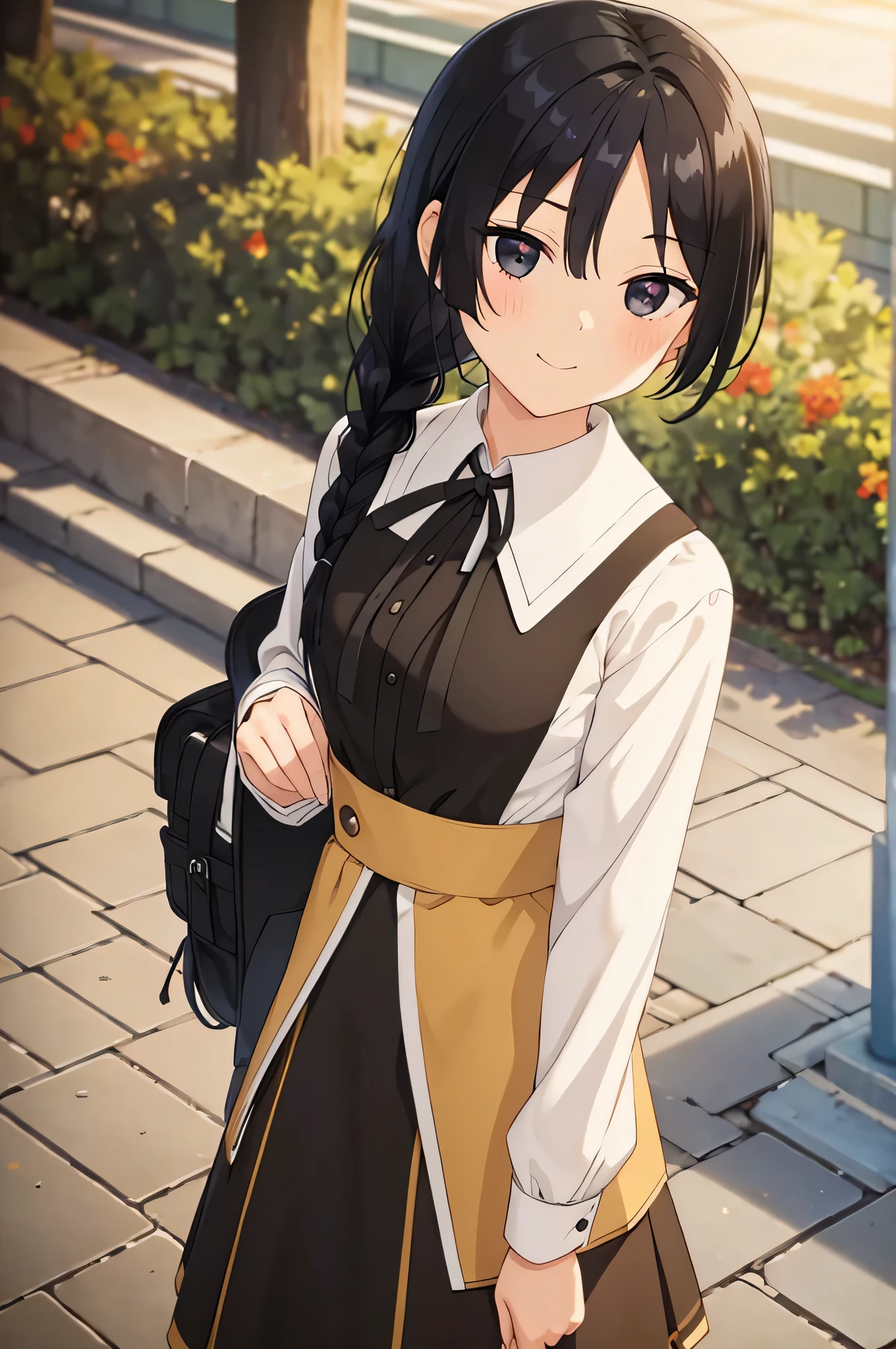 black hair,black eyes,1girl, solo, masterpiece, best quality, very aesthetic, outdoors, black skirt, , braid, braided ponytail, closed mouth, collared shirt, cowboy shot, dutch angle, from below, green ribbon, hair over one eye, hair over shoulder, hand up, long hair, long sleeves, looking down, neckerchief, own hands together, ponytail, ribbon, school bag, , skirt, smile, standing, swept bangs, v-shaped eyebrows,
