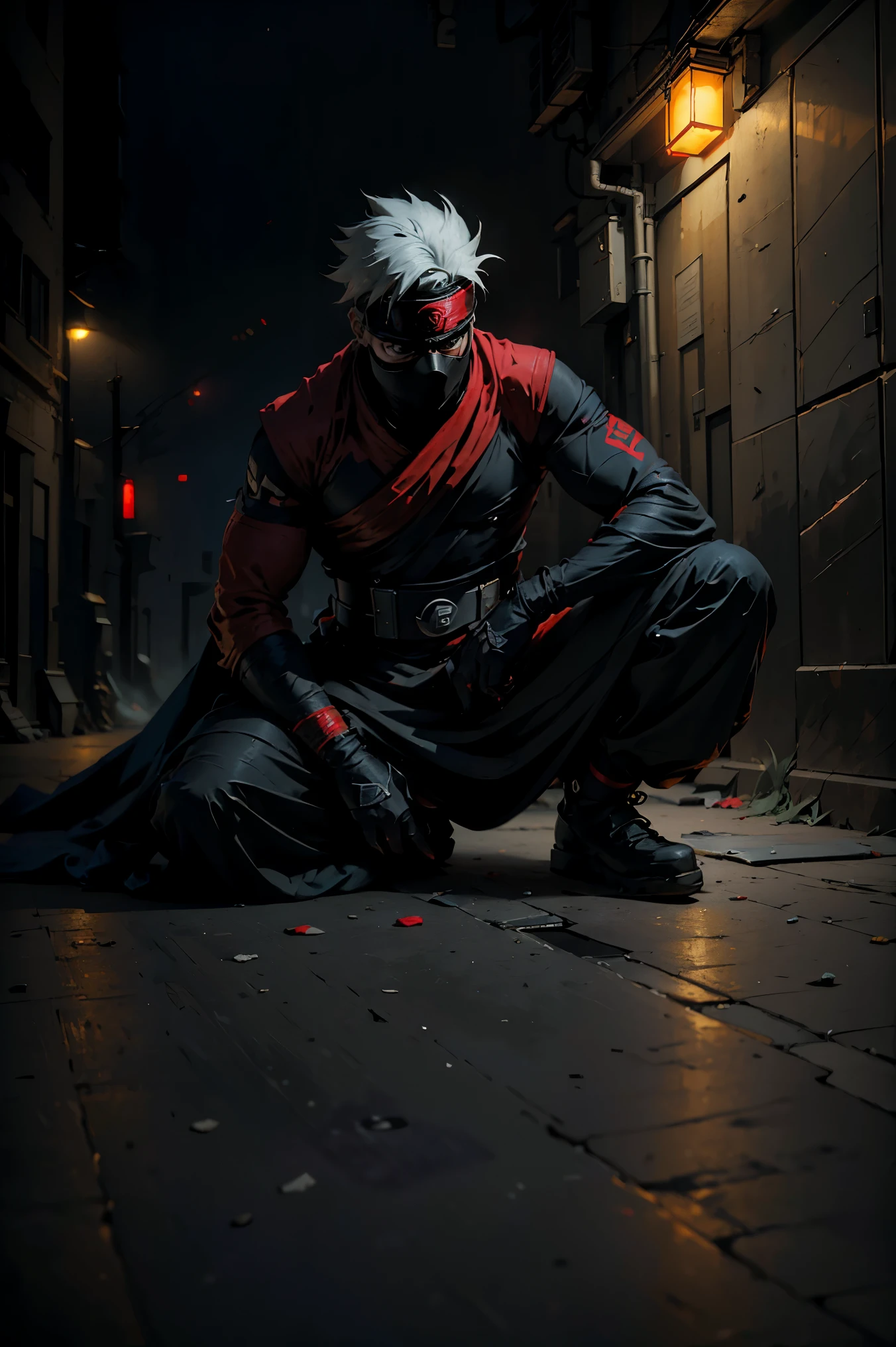 (best quality,4k,highres),Kakashi sitting on the ground with a street style, leaning against a wall, red Jordans, red ninja gloves, white hair, ninja headband, mask covering his mouth, graffiti background, vibrant colors, urban art style, edgy lighting