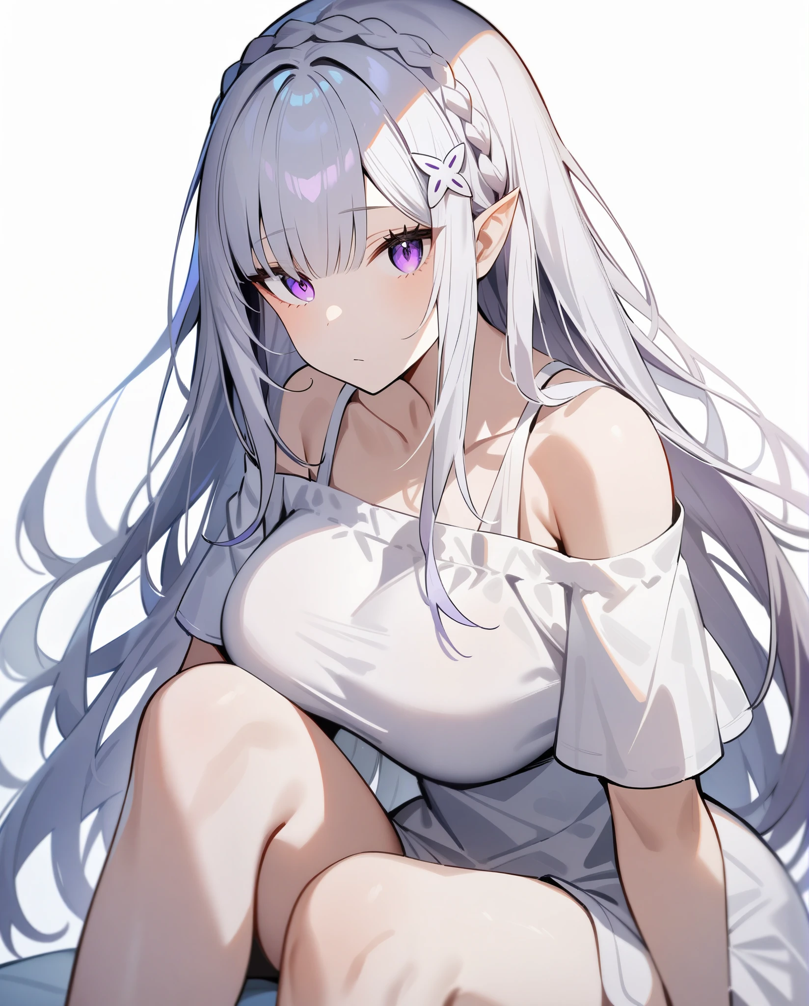 best quality,highly detailed,masterpiece,ultra-detailed,1girl,(white background),simple background,Delicate eyes,emilia_\(re:zero\),silver hair, purple eyes,hair_ornament, big breast, (off-shoulder shirt:1.3),long hair,pointy_ears,crown_braid,expressionless,Straight hair,(++sitting:1.2),