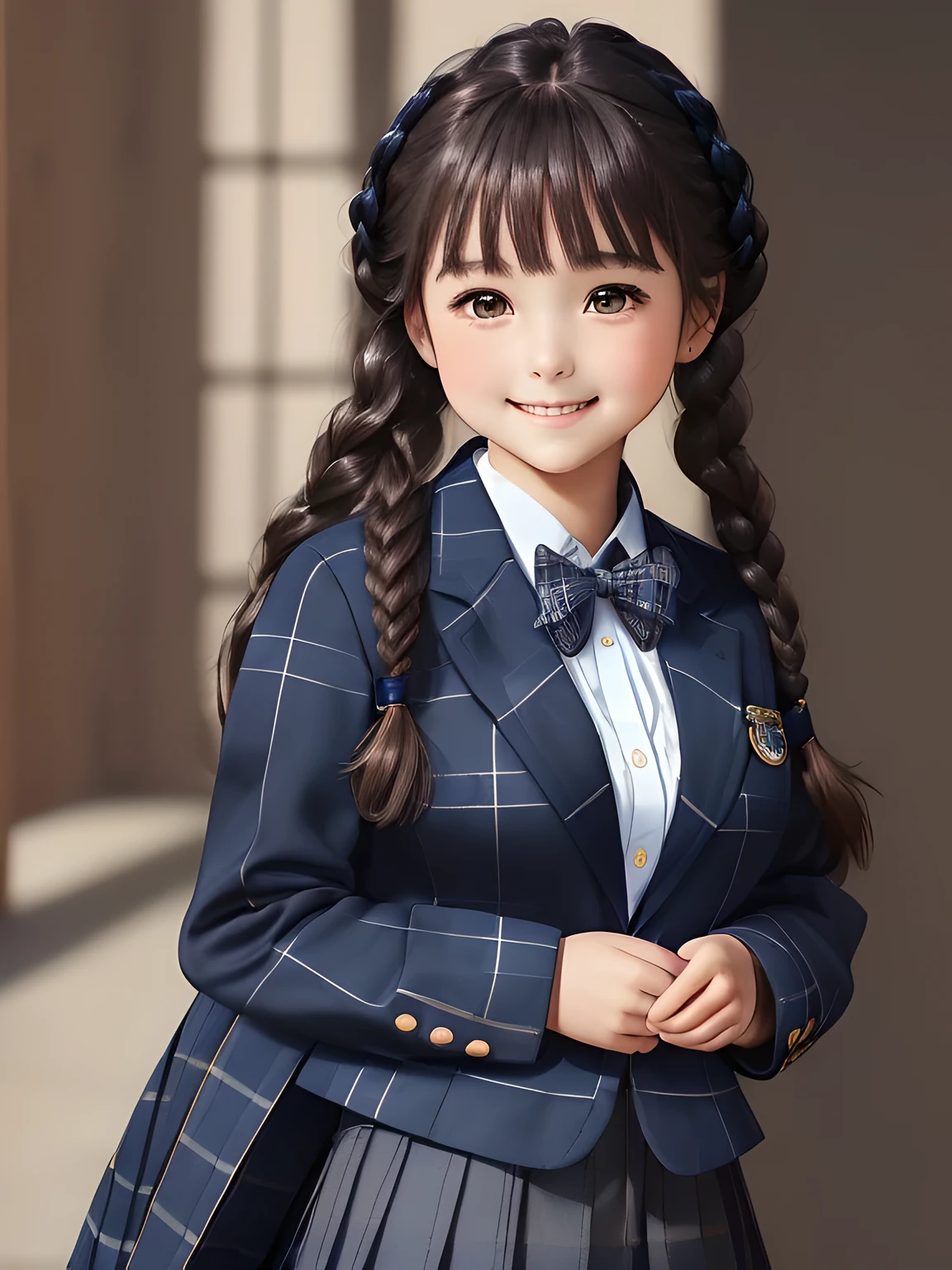 (((20-year-old & smart & elegant & beautiful japanese girl))), ((sing the soprano part of a classical song)), Very beautiful portrait, realistic girl drawing, amazing digital paintings, elegant digital paintings, detailed beautiful portrait, ((big & wide brown eyes)), ((((Dark Blue Blue Blue and Navy Navy Check Long Pleated Tartan Check Long Skirt)))),((((dark blue school blazer with emblem)))), (((Dark brown twin tight braid hairstyle))), ((only looking at the viewer)), ((Transparent pure white skin)), ((very white skin)), ((very very very curly bangs)), ((long eyelashes)), (((close your eyes and smile))), ((put your hand on your chest)), ((thin downward eyebrows)), white background, ((shot from the side)), ((((droopy eyes)))), ((thin body)), ((((fat face)))), (((smile gently)))