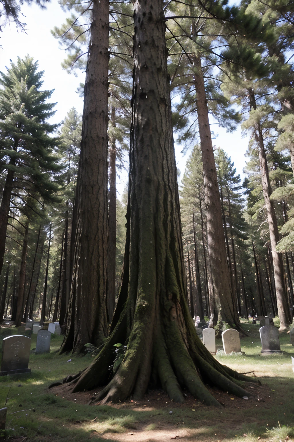 An inconspicuous grave in a coniferous forest, under the largest pine tree.