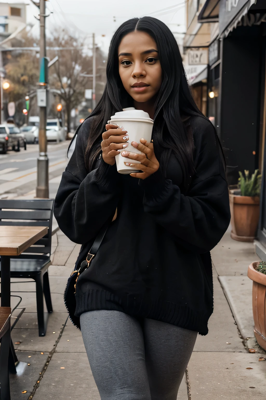 8k, highest quality, ultra details, African-American, young female with long straight black hair, effortless American style, oversized sweater, leggings, boots, sipping coffee at a cozy cafe.