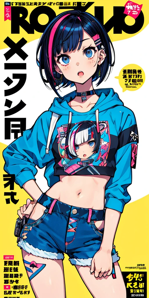 1girl, standing, punk girl, short hair, (bob cut hair, sitting), detailed background, (pop art, decora art style, doodle art), (hair accessories, ribbons), (cropped hoodie, shorts, midriff), accessories, body stickers, ((perfect legs, contrapposto)), [[navel]], deep cleavage, lewd, multicolored hair, streaked hair, mksks style, (tired eyes, open mouth), dynamic angle, (magazine cover, text), sharp_eyes