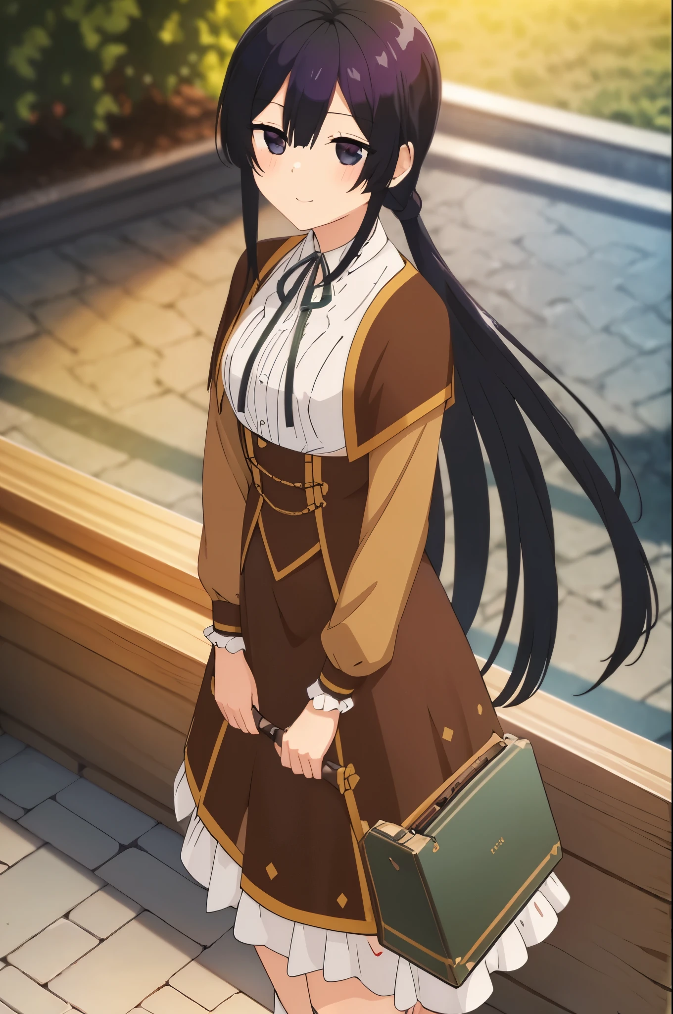 black hair,black eyes,1girl, solo, masterpiece, best quality, very aesthetic, outdoors, black skirt, , braid, braided ponytail, closed mouth, collared shirt, cowboy shot, dutch angle, from below, green ribbon, hair over one eye, hair over shoulder, hand up, long hair, long sleeves, looking down, neckerchief, own hands together, ponytail, ribbon, school bag, , skirt, smile, standing, swept bangs, v-shaped eyebrows,