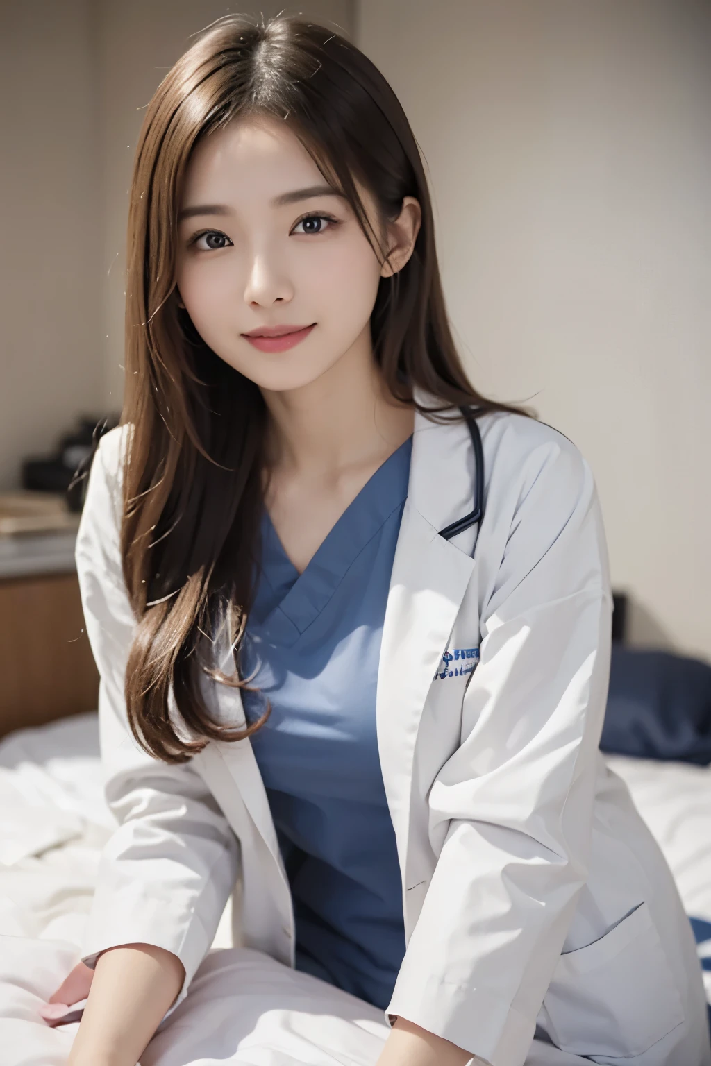 realistic beautiful doctor、amazingly beautiful、doctor&#39;s white coat, Almost naked and crawling on all fours:1.3、sit on top of me、Tilt your head、smile、on a cot in the hospital room