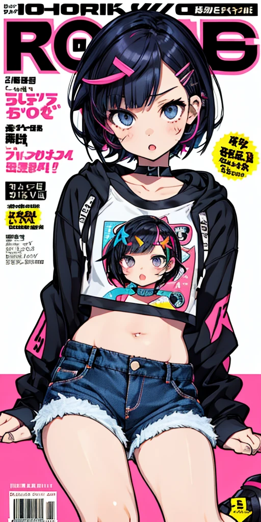 1girl, plump body, standing, punk girl, short hair, (bob cut hair, sitting), detailed background, (pop art, decora art style, doodle art), (hair accessories, ribbons), (cropped hoodie, shorts, midriff), accessories, body stickers, ((perfect legs, contrapposto)), [[navel]], cute, lewd, multicolored hair, streaked hair, mksks style, (tired eyes, open mouth), dynamic angle, (magazine cover, text), sharp_eyes