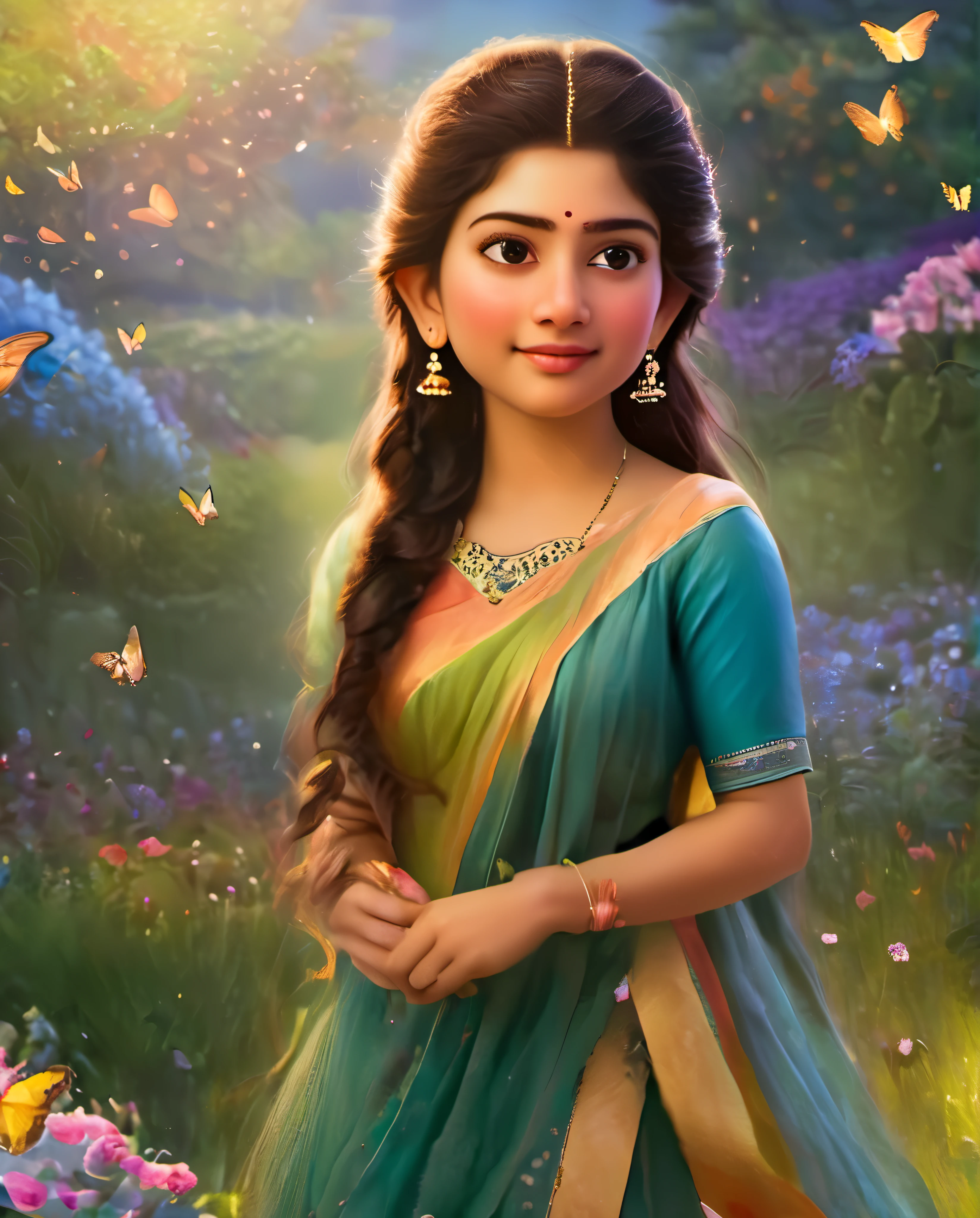 Looks like Sai Pallavi, 1girl, solo, full body, (masterpiece:1.21), (best quality:1.2), colorful, (illustration:1.2), (cinematic lighting:1.1), (bare shoulders:1.21), (collarbone:1.21)
In this whimsical and fantastical garden, the scene is illuminated by a rainbow of (colorful fireflies), dancing and fluttering in the air. The garden is decorated by a gentle (drizzle), creating a misty and ethereal atmosphere. In the center of the scene, there is a single girl, an extremely delicate and beautiful girl, with cute features and an innocent expression. Her long hair is flowing with the wind. She is wearing no shoulder straps dress, which is ultra low cut, highlighting her delicate curves.

The lighting is very delicate and beautiful, creating a soft and warm glow that highlights the water, making it sparkle like diamonds. The finest grass is also illuminated, creating a lush and verdant carpet. The garden is surrounded by colorful flower fields, with blooms of every color and shape. (Colorful butterflies), of every shade and size, can be seen fluttering around the scene, adding to the overall sense of wonder and magic. (look ai viewer),A blush can be seen on her nose, and her mouth is slightly open, adding to the overall sense of innocence and youthfulness. Falling petals can be seen floating around her, adding to the overall sense of romance and beauty. A gentle wind is blowing through the scene, making the leaves rustle and the flowers sway, adding to the overall sense of movement and life. This is a scene of pure wonder and magic, filled with color and beauty, where the viewer can lose themselves in the enchanting and captivating world.