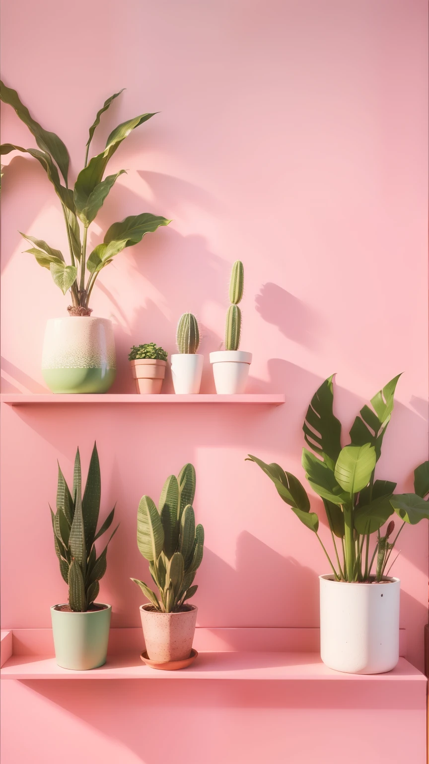 a group of three potted plants on a shelf against a pink wall, plants on pots and on the walls, houseplants, potted plants, shades of pink, the walls are pink, pink white and green, tropical houseplants, pots with flower, pink flower, perfect maximalistic composition, pink and green, minimal pink palette, pot plants, pink and green colour palette, green couch with cozy pillow