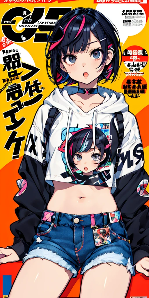 1girl, plump body, standing, punk girl, short hair, (bob cut hair, sitting), detailed background, (pop art, decora art style, doodle art), (hair accessories, ribbons), (cropped hoodie, shorts, midriff), accessories, body stickers, ((perfect legs, contrapposto)), cute,  multicolored hair, streaked hair, mksks style, (tired eyes, open mouth), dynamic angle, (magazine cover, text), sharp_eyes